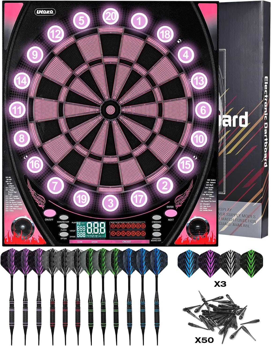 Electronic dartboards for Adults, Dartboard Electronic with Bright Score Display, Multiple Games, and Durable Design-Perfect for Family Fun and Competitions-Includes Soft Tip with 12 Darts