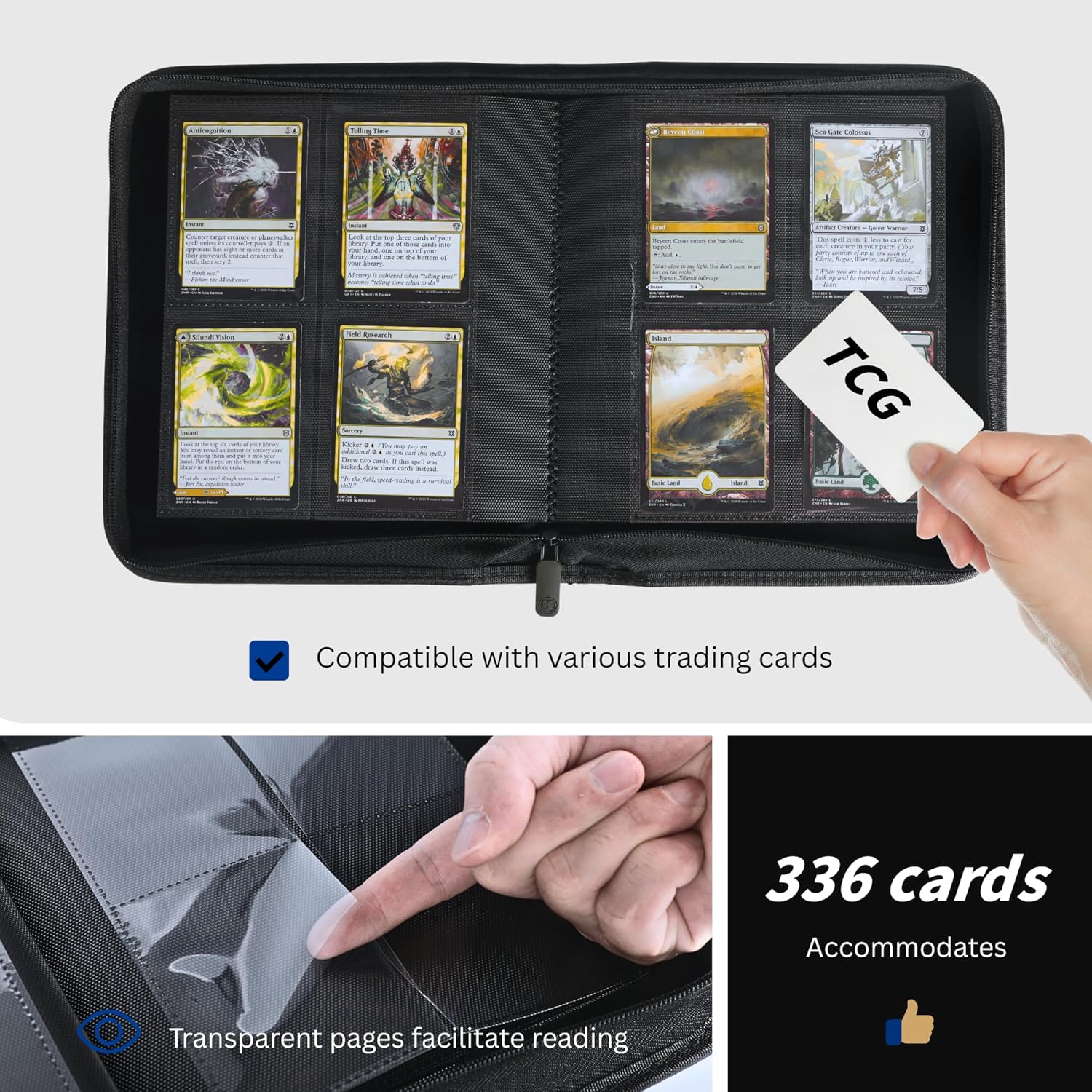 336 Card Binder, 4-Pocket Zipper Binder for Trading Cards, Side Loading Water-Resistant Album for MTG, TCG & Sports Cards (Navy Blue)
