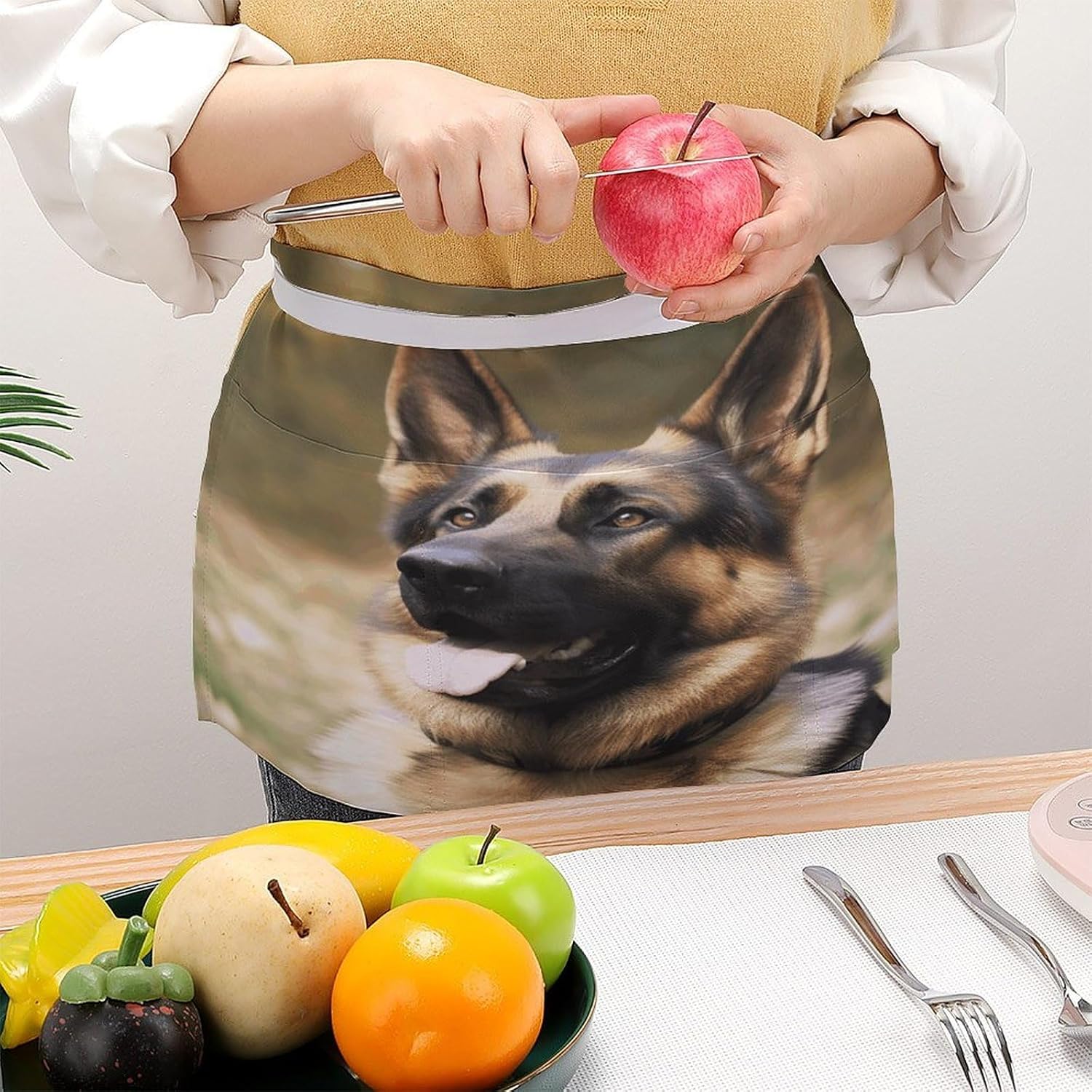 Animal German Shepherd Server Aprons for Women And Men Waterproof Half Apron with 3 Pockets Deluxe Oxford Fabric Waist Aprons Adjustable Chef Apron for Kitchen Bar Home