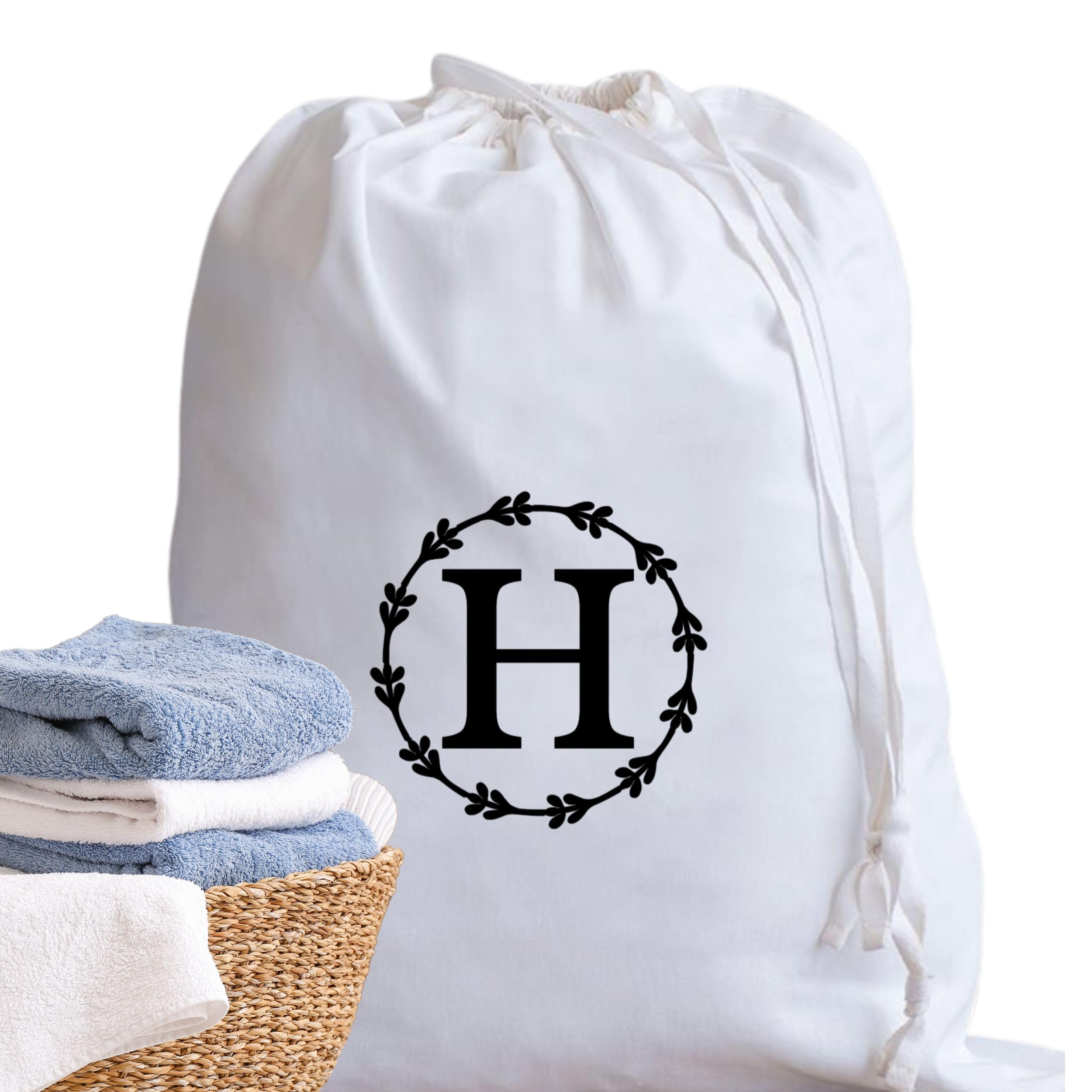 Cotton Laundry Bag Personalised Initial Gifts - Holiday Essentials Bathroom Accessory Dry Bag Drawstring Bags for Travel Camping University Essentials Personalised Gift (Framed monogram H)