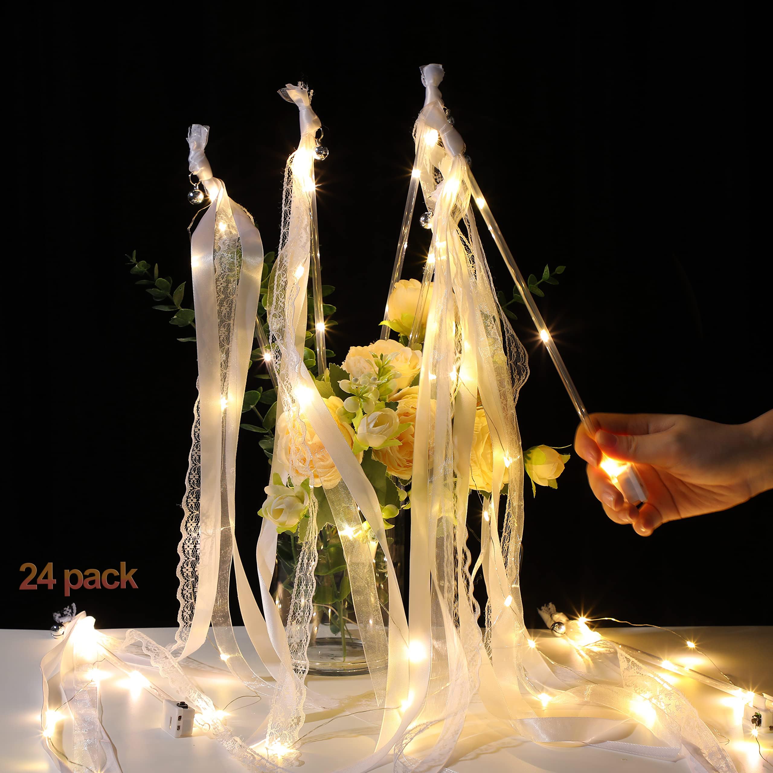 Varitas de Boda con LED luz fluorescente, 24pcs Varitas de Cinta con Campanas,Serpentinas de Cintas de Boda,Serpentinas para Bodas, Magica Cinta Wedding Wands para Cumpleaños, Navidad, Fiestas