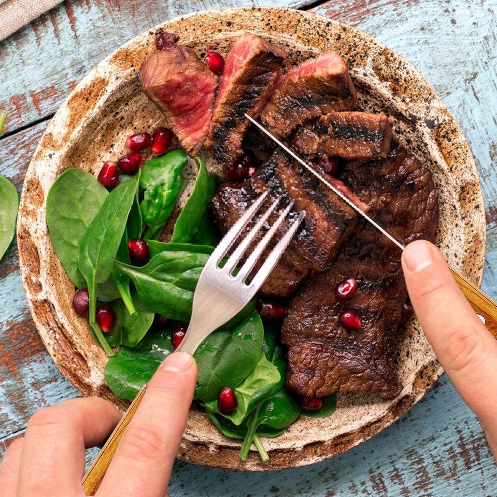Set di posate da bistecca in acciaio inox, 30 pezzi di posate da bistecca in acciaio inox, legno, forchetta e coltelli, 15 forchette da tavola e 15 coltelli da tavola per 15 persone, affilato a