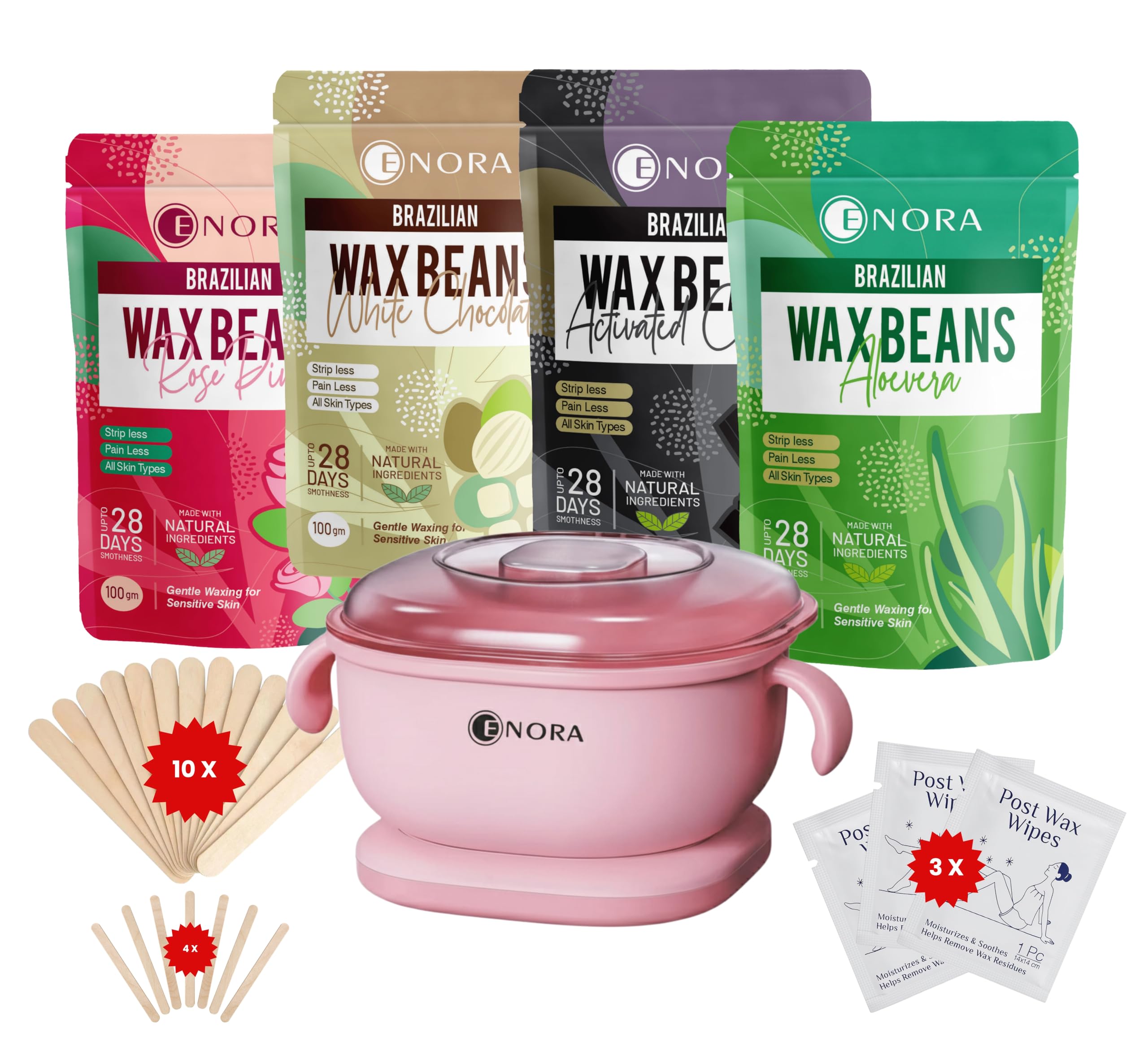 ENORA Premium Waxing Kit for Women - Silicone Wax Warmer for Hair Removal, Eyebrow, Bikini, Legs, Face, Brazilian Wax & More - Machine + 4-Pack Hard Wax Beads (100 g)+ Accessories, Pink (100 Gram, SILICONE-COMBO(100GRAM))