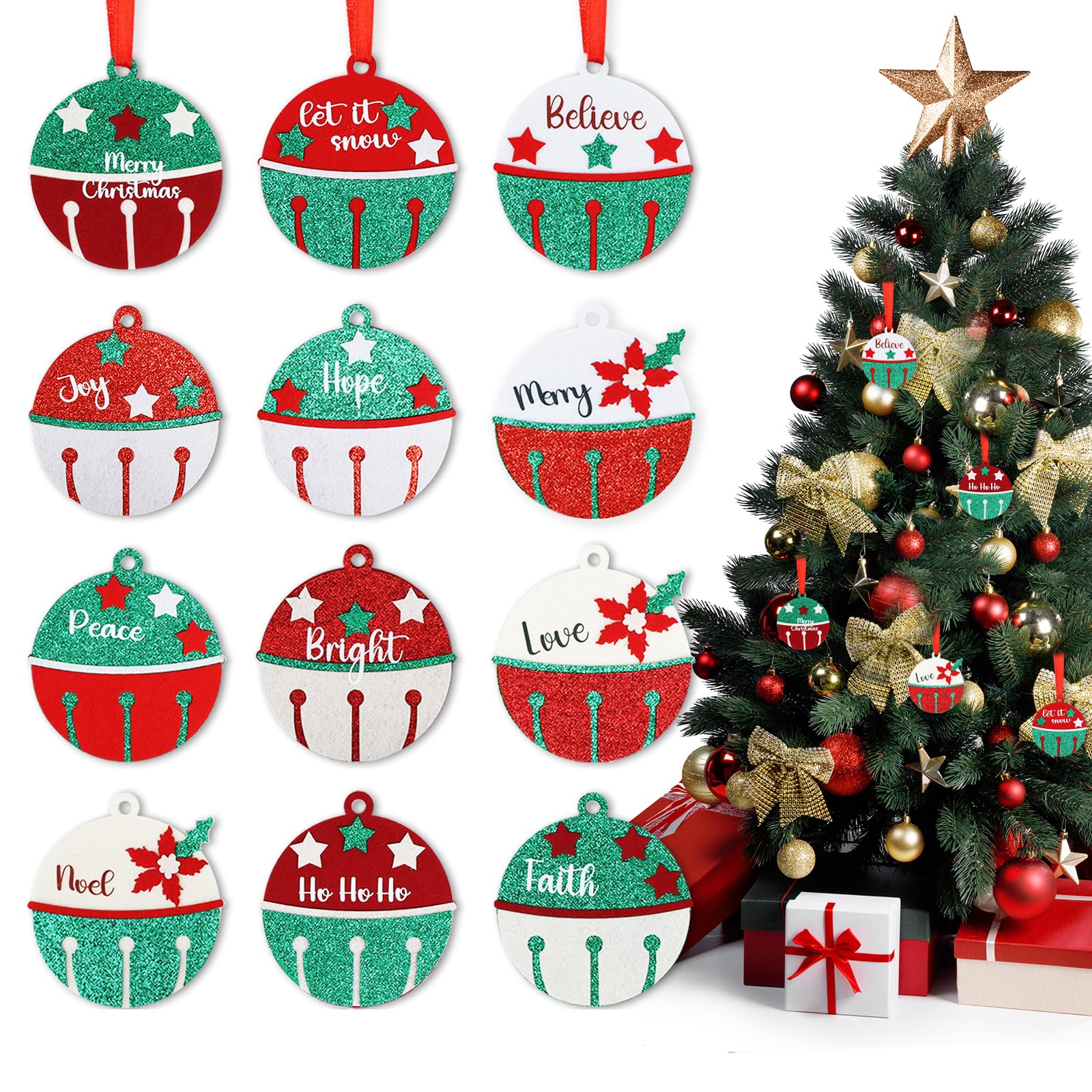 Christmas Tree Bell Decorations, Glitter Bell Christmas