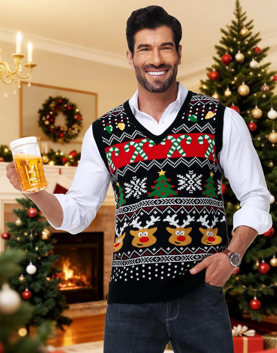 Men Christmas Sweater Vest V Neck Ugly Xmas Holiday Knit Sleeveless Pullover - Image 3