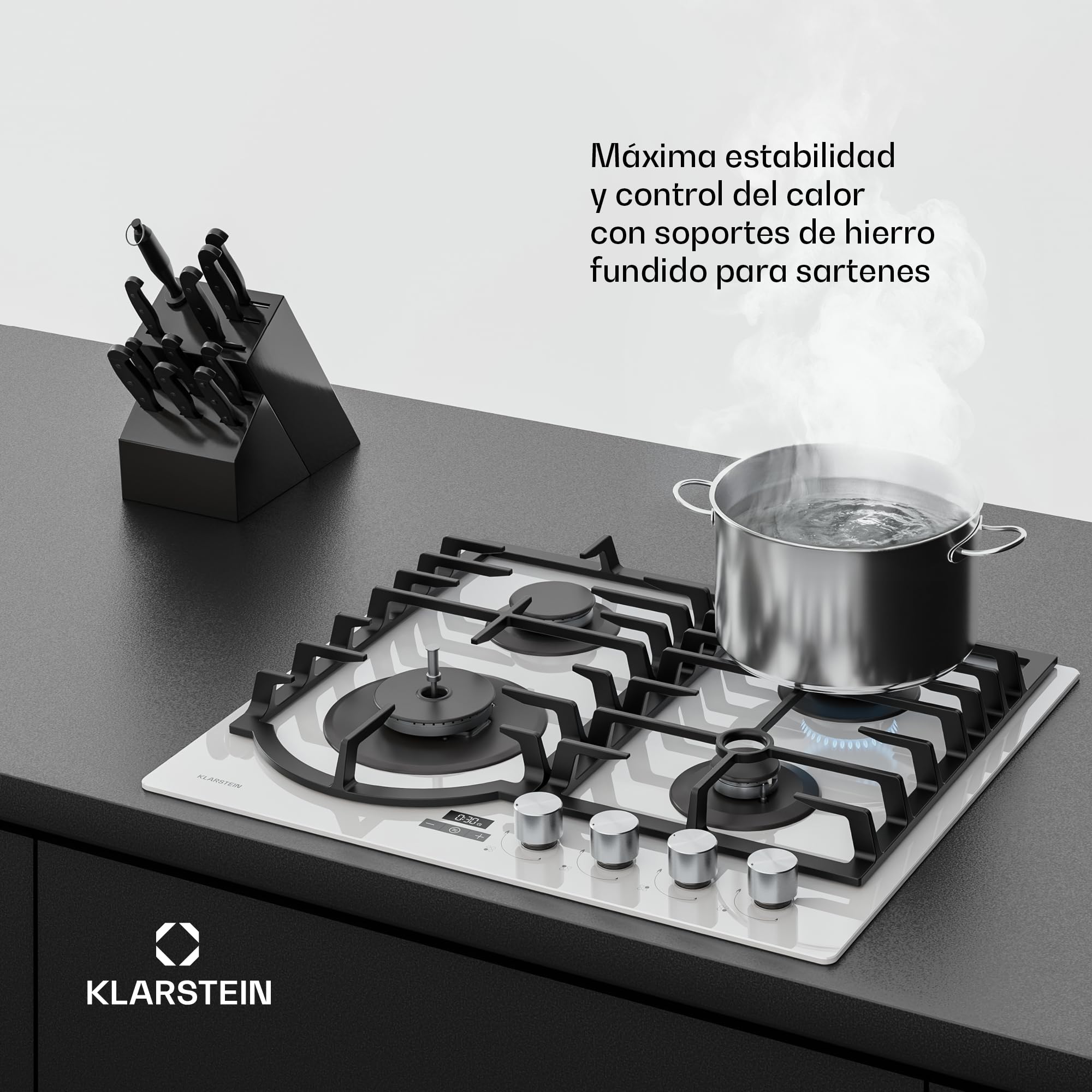 Klarstein Ignito Placa de Gas, 4 Quemadores Aluminio, 8000W, Temporizador, Control Preciso, Seguridad Antiflama, Encendido Eléctrico, 60x51cm, Encimera Gas, GLP/Natural, Blanco