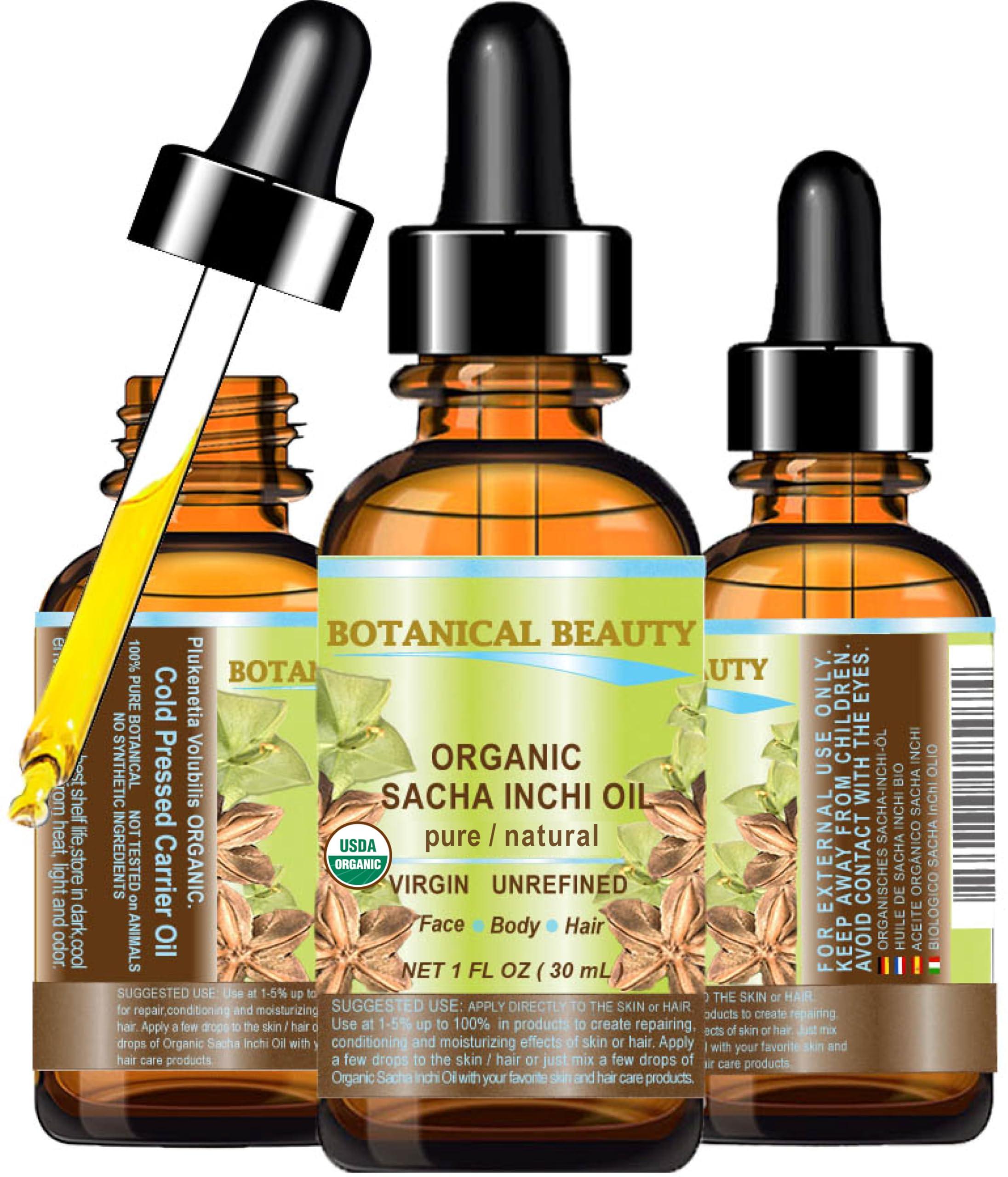 Botanical Beauty Organic SACHA INCHI OIL 100% Natural Pure Undiluted Virgin Unrefined Cold Pressed Carrier Certified Organic Oil For Face, Skin, Hair,