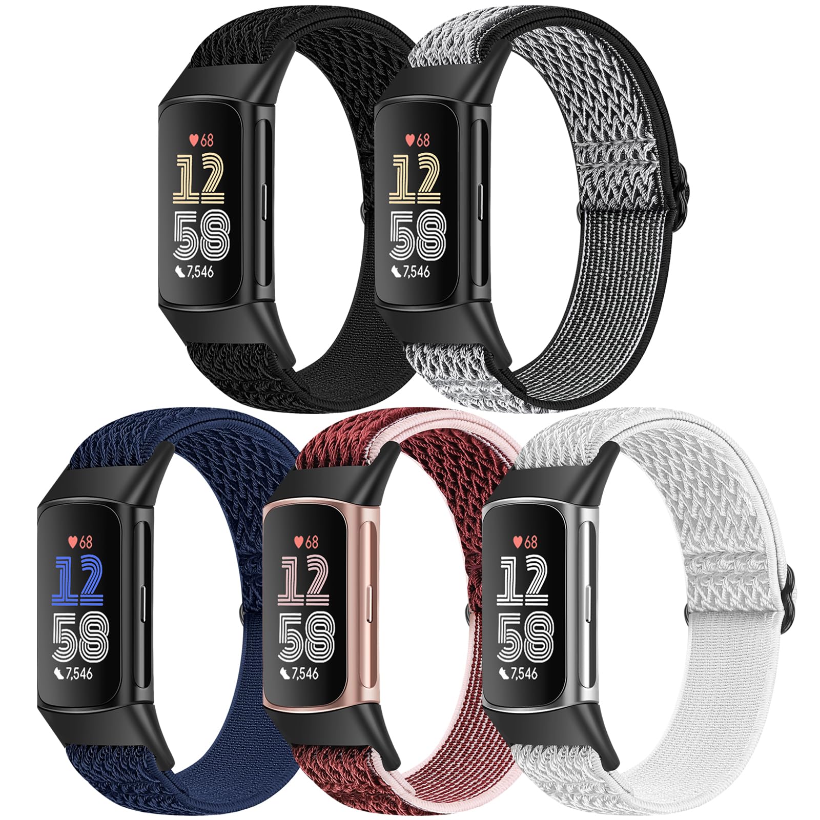 Bcuckood 5 Pack Elastic Nylon Watch Bands Compatible for Fitbit Charge 6/Fitbit Charge 5, Adjustable Breathable Replacement Stretchy Nylon Loop Wristband Sport Strap for Women Men-image-45