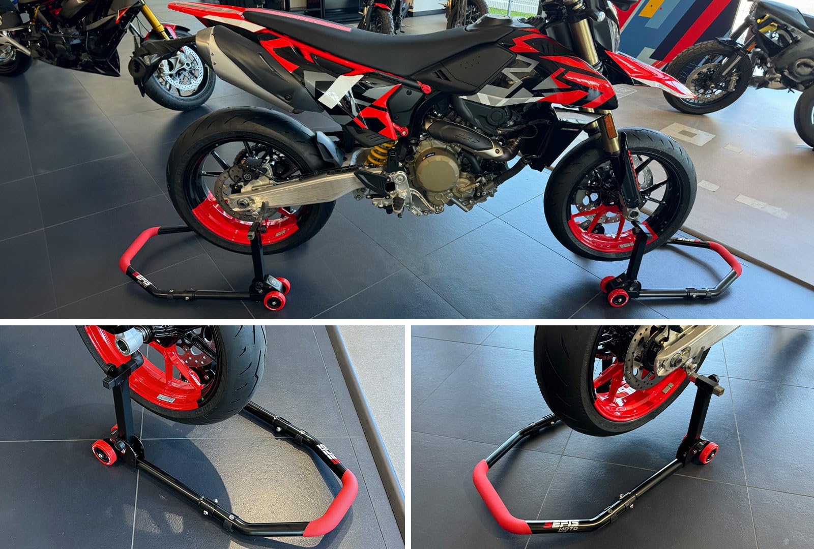SEFIS M20U stojak na motocykl, zestaw + gniazda Prima M6, podnośnik do motocykla, stojak serwisowy, tylny stojak montażowy, składany (do Ducati Hypermotard)