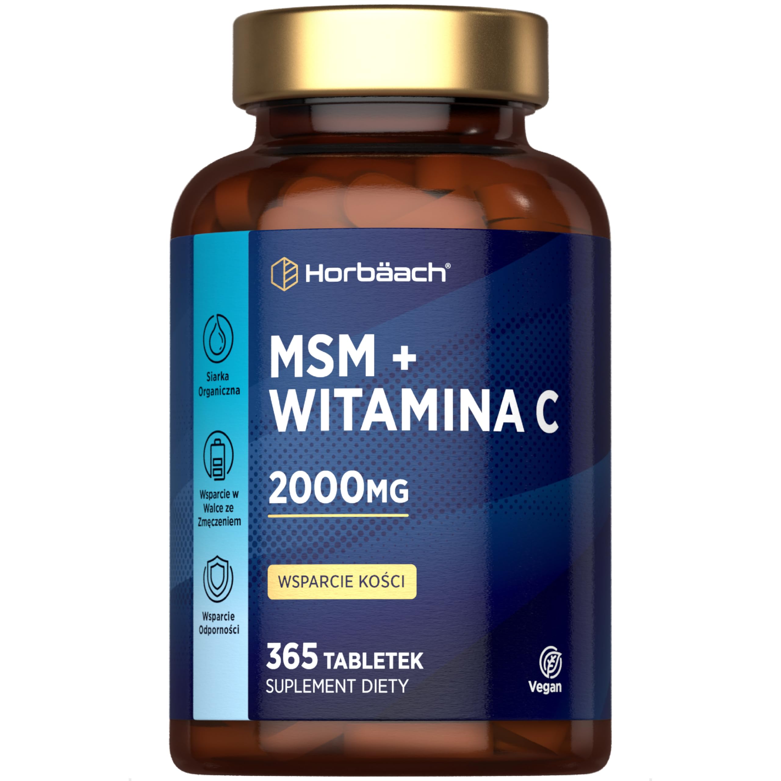 MSM Suplement 2000mg z Witaminą C | Wysoka dawka Metylosulfonylometanu (MSM) z Wit. C | 365 Wegańskich Tabletek | Firma Horbaach