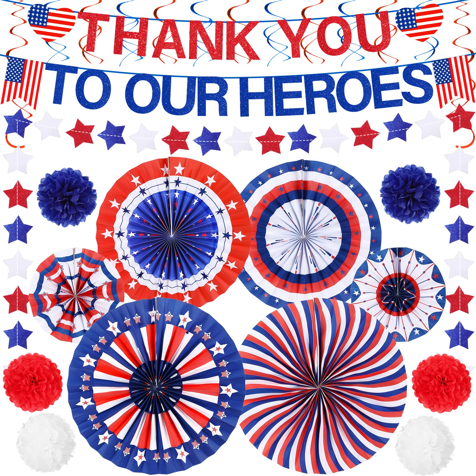 Thank You To Our Heroes Banner Veterans Day Flag Day 4th of July Decorations Red White Blue Paper Fans Star Streamer Pom Poms Hanging Swirls Memorial
