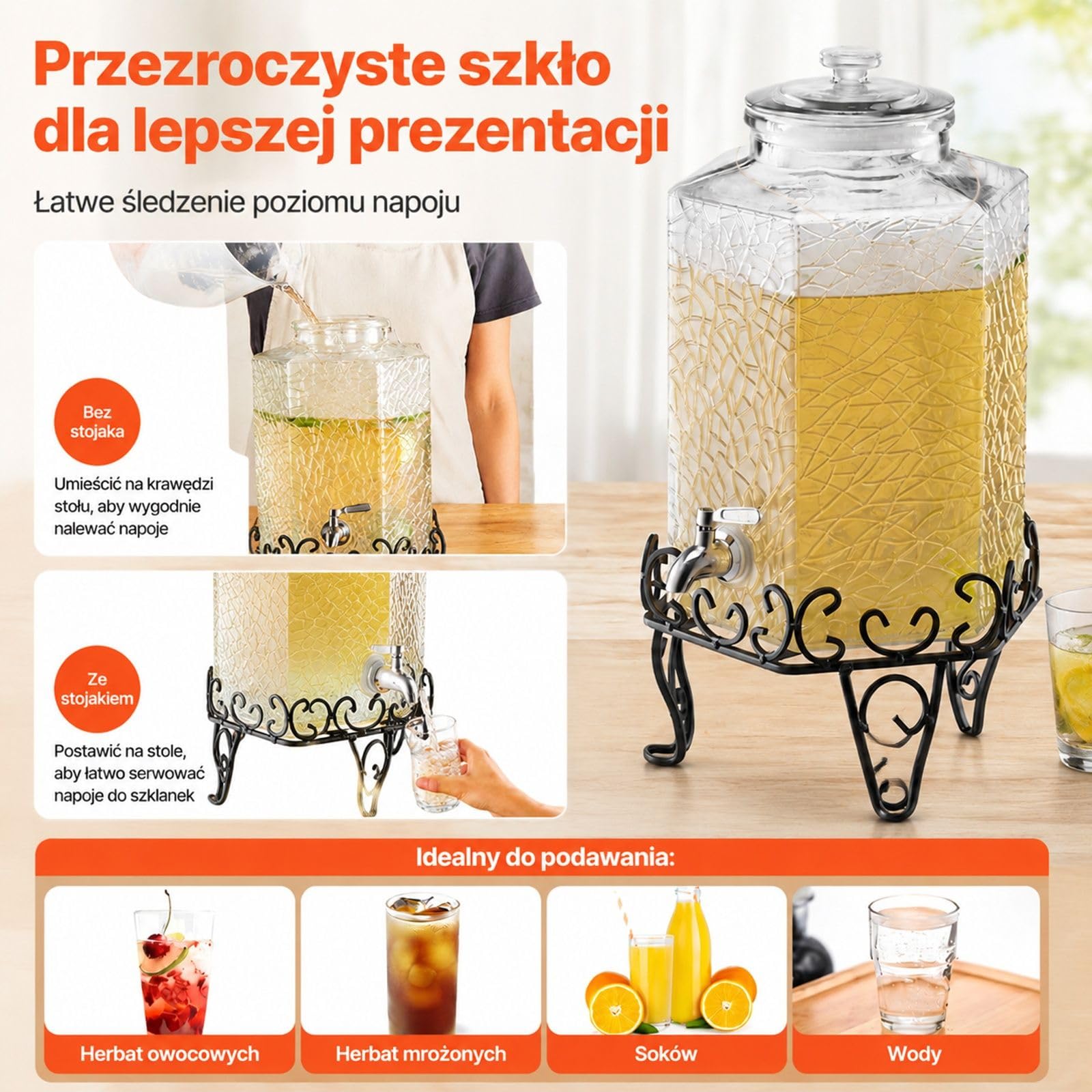 Dystrybutor napojów 1x10L ze szkła z metalowym stojakiem do soków, imprez, barów i bufetu