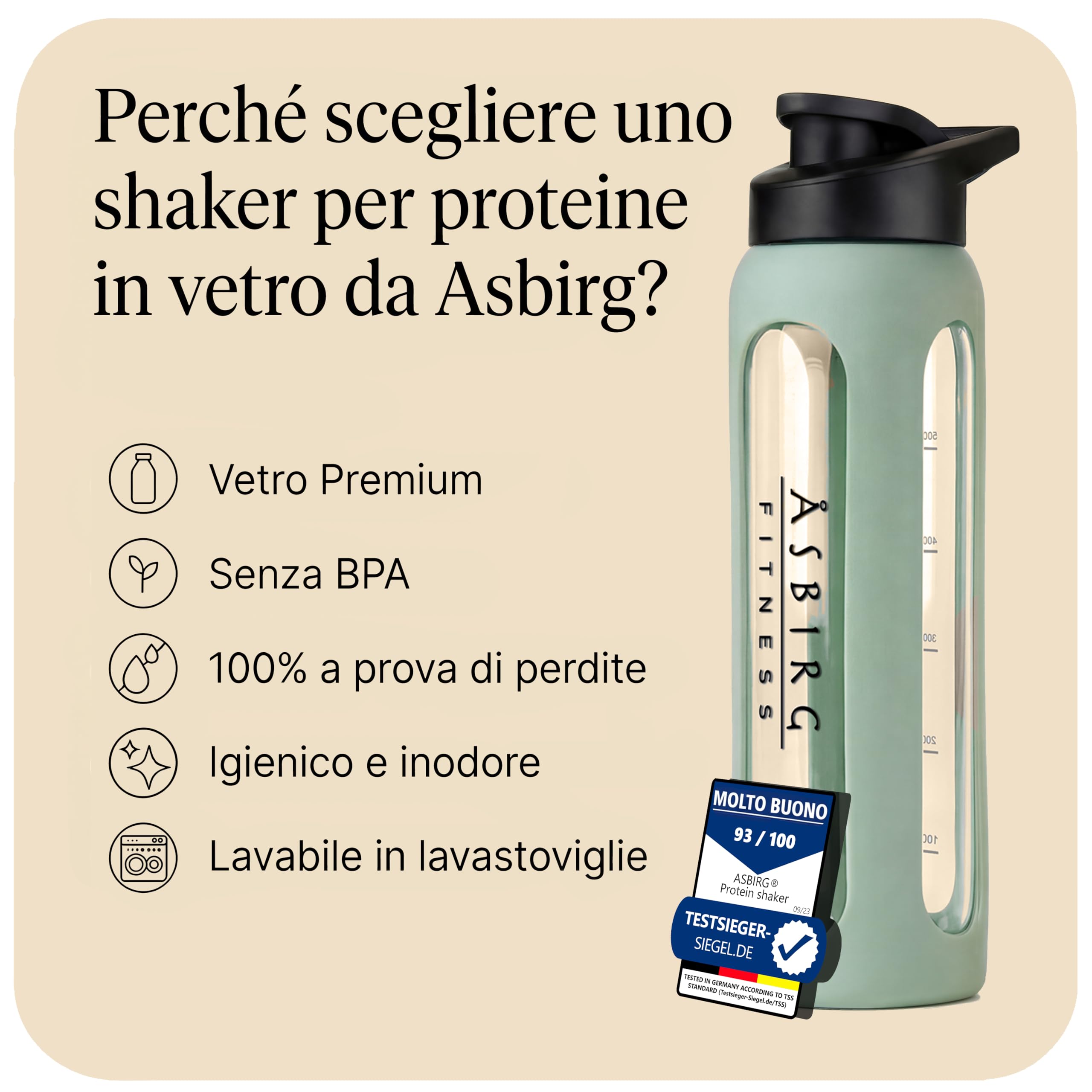 Shaker Proteine in Vetro 700 ml – Senza BPA, a Prova di Perdite & Robusto – Shaker per Proteine con Palla Mixer in Vetro Borosilicato – Bottiglia per Frullati e Sport | Verde Pastello