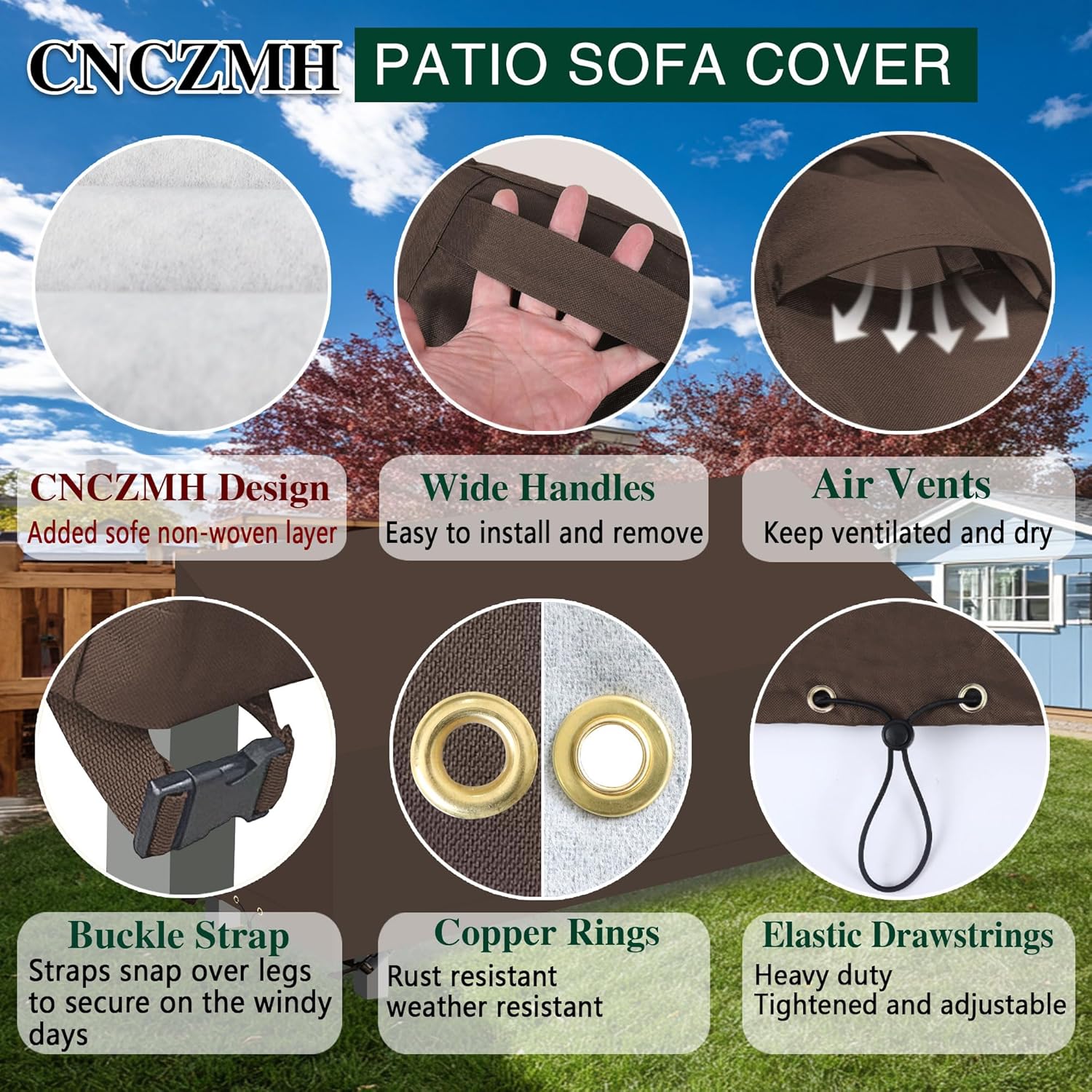 Heavy Duty Patio Sofa Covers Waterproof, Outdoor 3-Seater Couch Cover Waterproof, 600D Outdoor 2-Seater Loveseat Furniture Covers with Air Vent Handle 90''W x 42''D x 24''H/ 35''H Brown