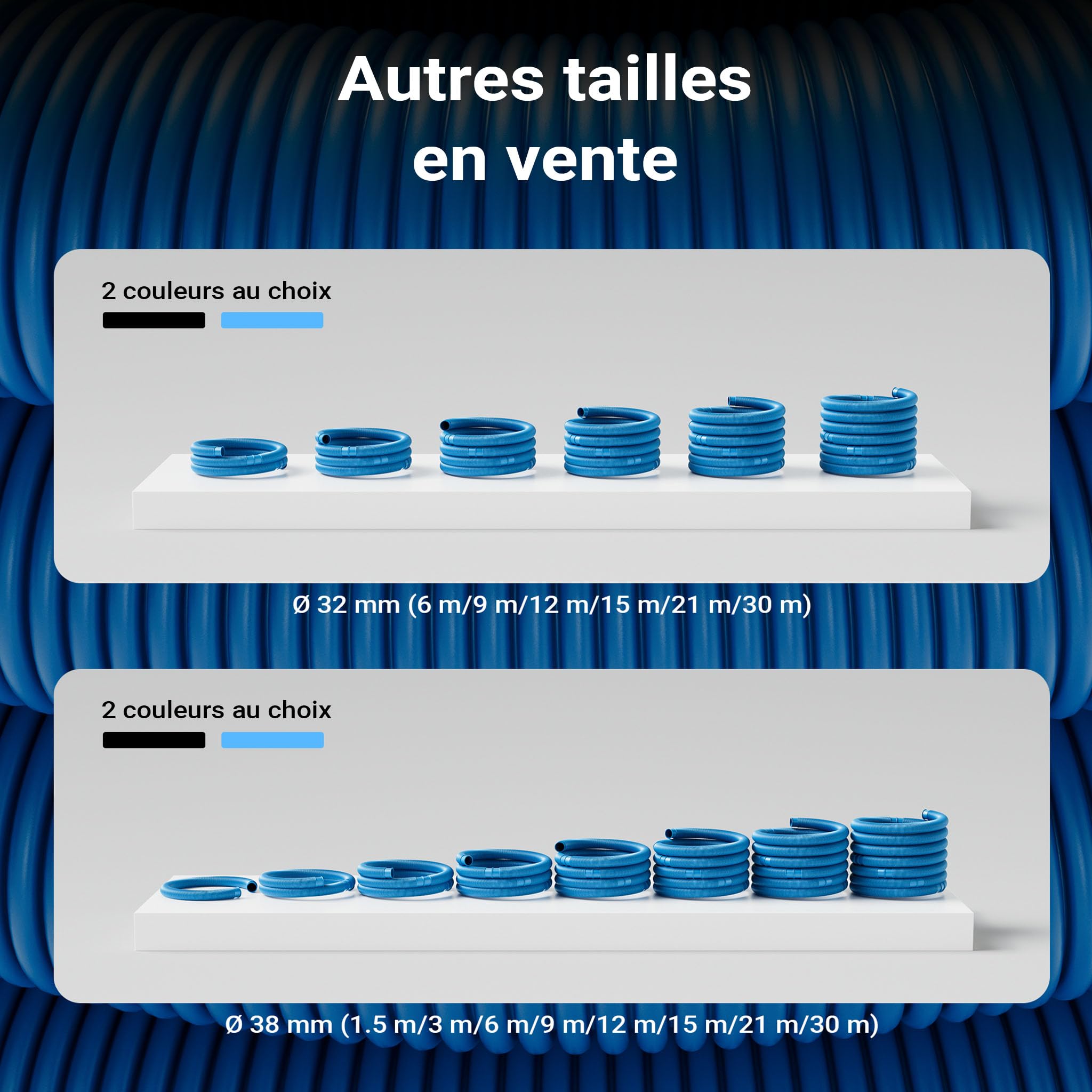 Wiltec Tuyau piscine bleu – 21 m de long, Ø 32 mm – Tuyau solaire flottant à sections préformées – 165 g/m – made in Europe – Boyau d’aspiration solaire
