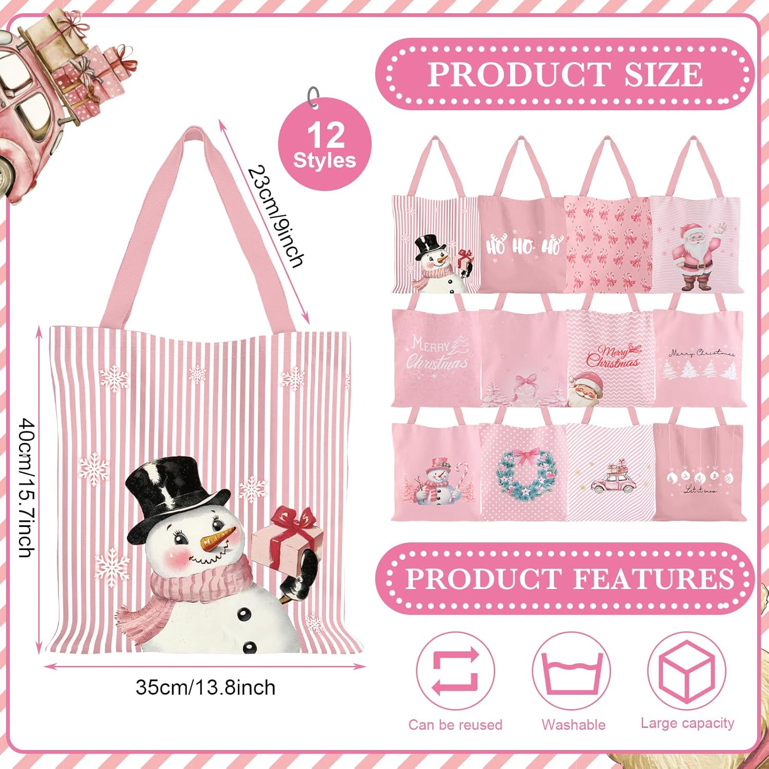 12 Pcs Pink Christmas Canvas Tote Bags for Women Christmas Tree Snowman Santa Bow Candy Cane Reusable Grocery Shopping Shoulder Bags Xmas Gifts for Holiday Gift Wrapping Party Decoration Supplies - Image 4