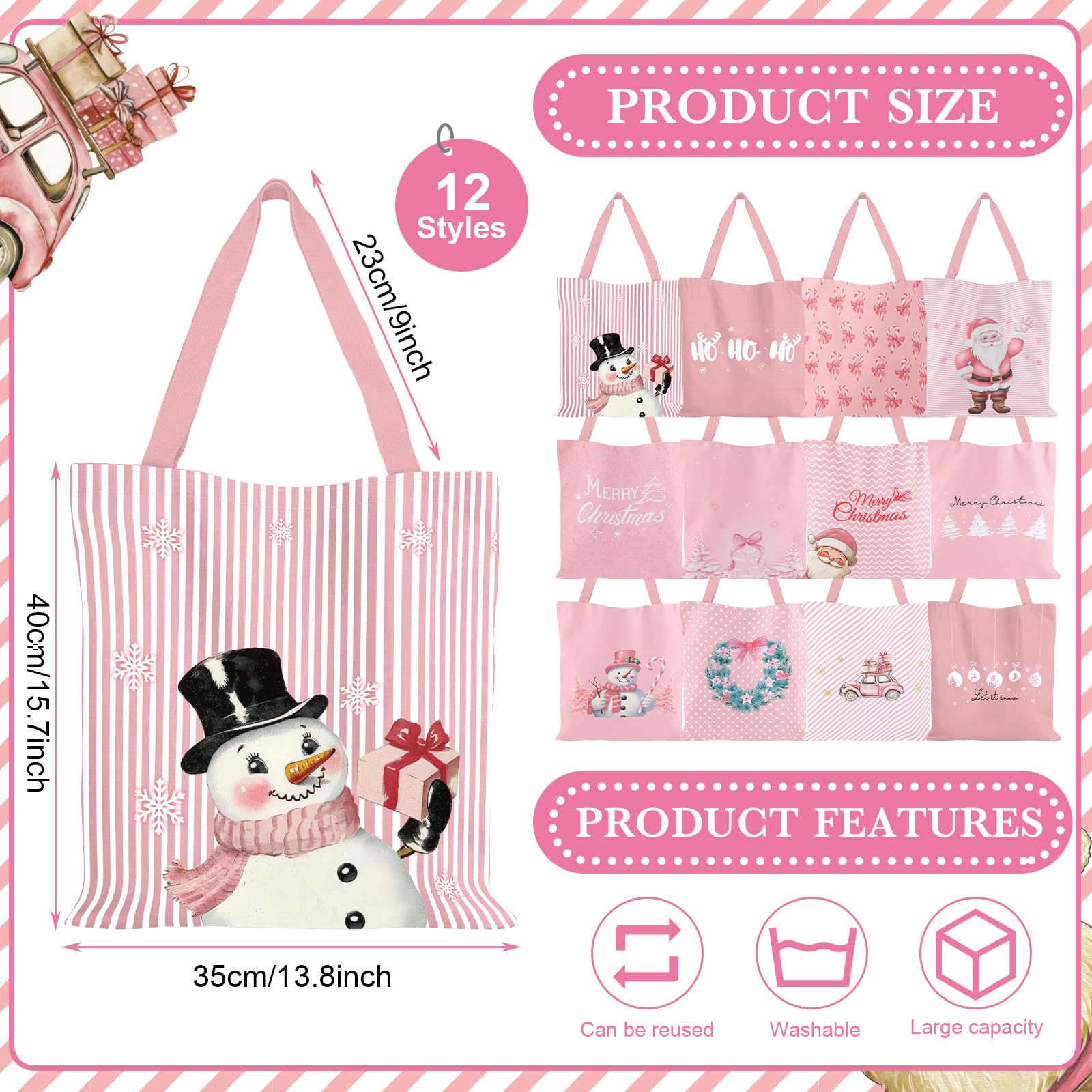 12 Stück rosa Weihnachts-Leinen-Tragetaschen für Damen, Weihnachtsbaum, Schneemann, Weihnachtsmann, Schleife, Zuckerstange, wiederverwendbare Einkaufs-Schultertaschen, Weihnachtsgeschenke für Urlaub