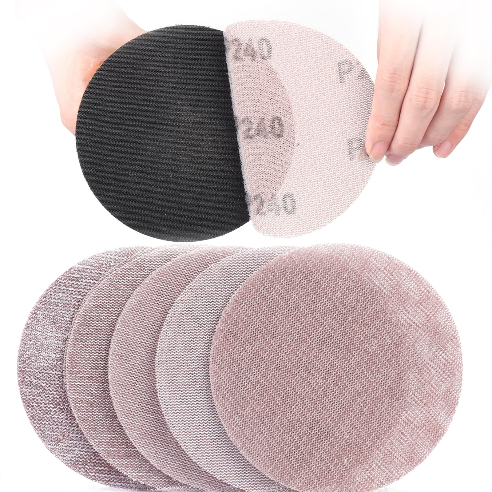 50 Stück 125mm Schleifgitte Klett, 80/120/180/240/400 Körnung Schleifnetz Effiziente Staubentfernung Schleifpads für Ttrockenbau Wandschleifer
