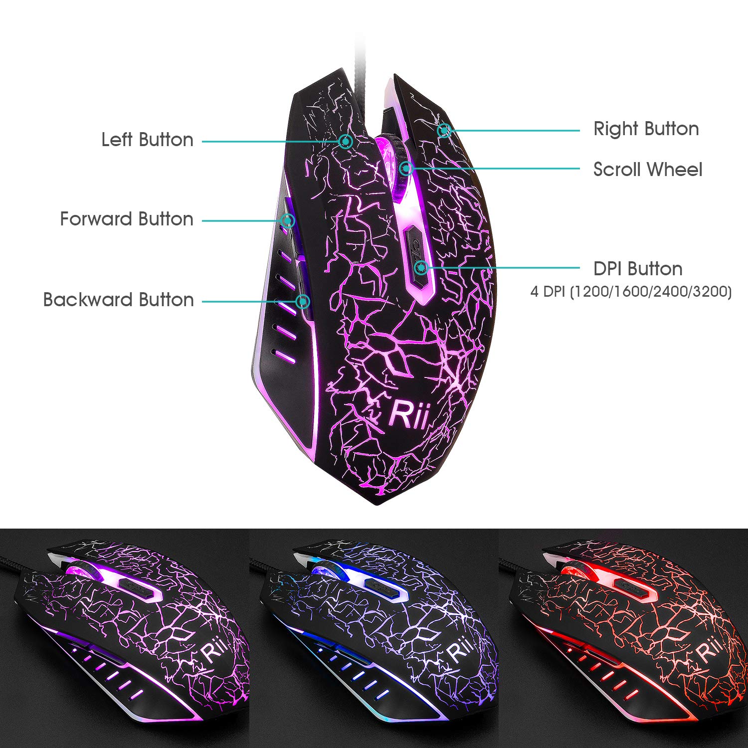 Rii Gaming RK108 (Layout Italiano) - Set Tastiera RK100+ e Mouse da Gioco, retroilluminati a LED, sensibilità Regolabile Fino a 3.200 DPI