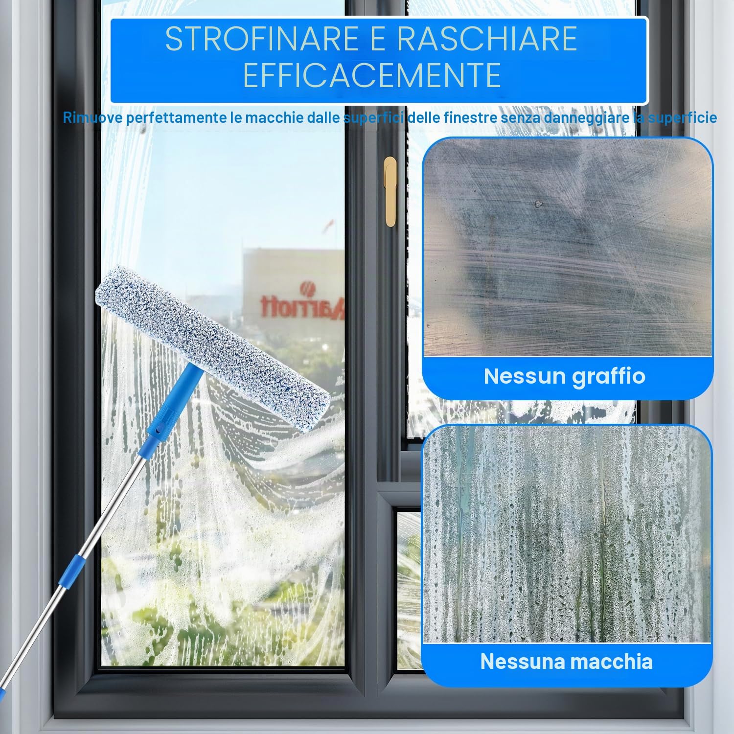 Lavavetri Con Manico Telescopico (215cm), 2 in 1 Con Tergivetro in Silicone + Lavavetri in Microfibra, Strumenti per la Pulizia dei Vetri per Bagno, Doccia, Specchi, Auto, Vetro, Finestre