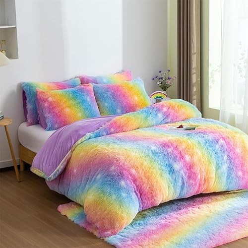 Miniatura 3 de A Nice Night Juego de funda de edredón de piel sintética lanuda y esponjosa, estilo teñido anudado con purpurina degradado, más suave, lujoso, ultra