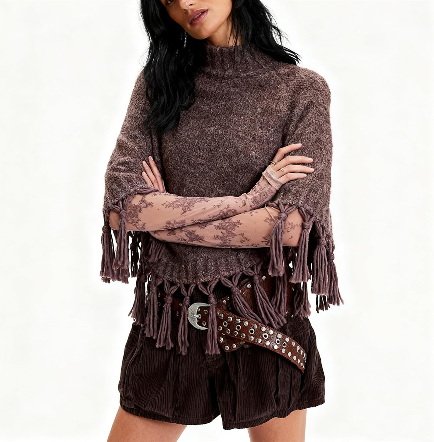 Women Tassel Poncho Sweater Mock Neck Crop Knit Shawls Wraps Pullover Sweaters Scarf Cape - Image 2