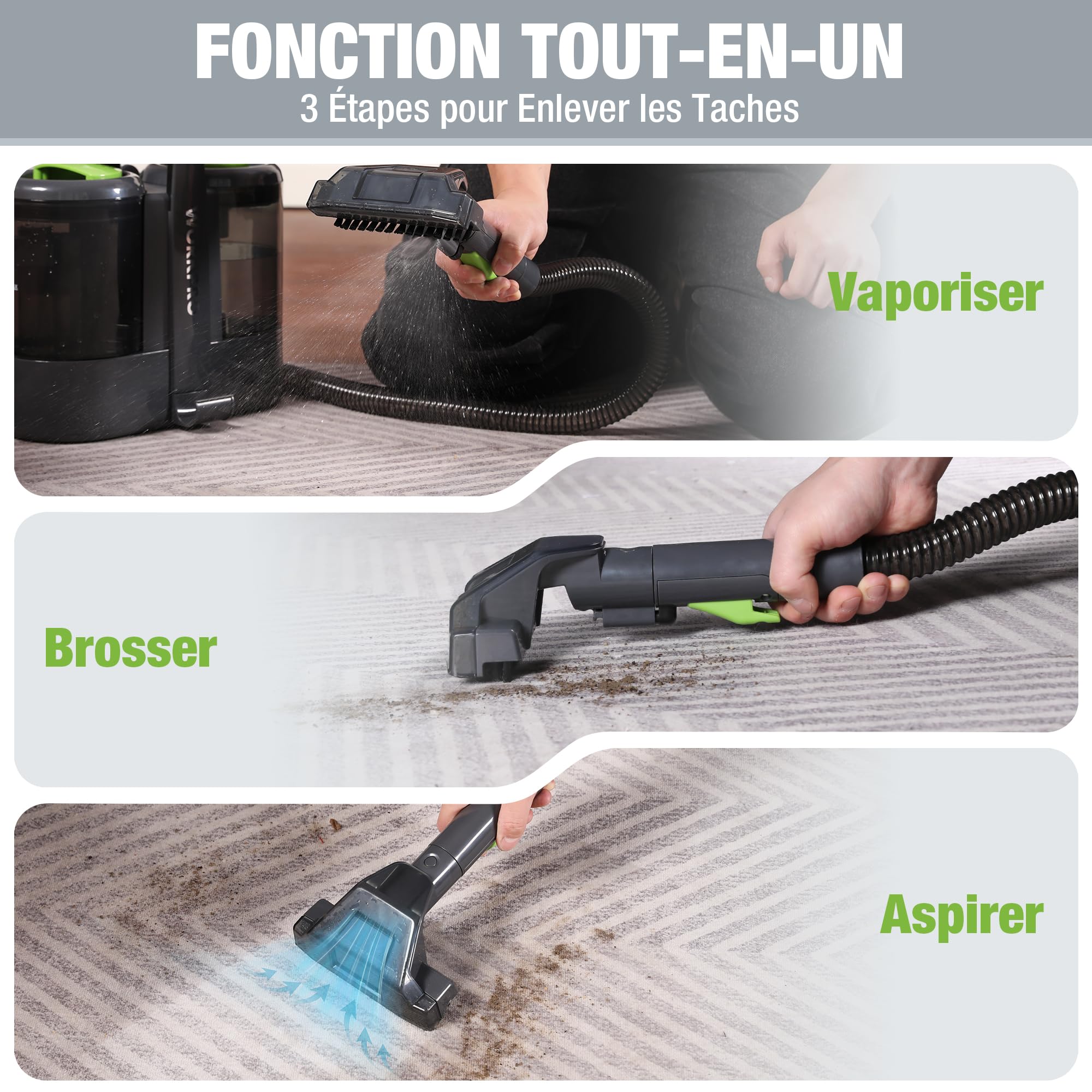 WORKPRO Nettoyeur de Tapis 450W, Shampouineuse Canape, Nettoyeur Moquettes avec Double Réservoirs 1,6L+0,75L, 13kPa, 75dB, 2 Buses pour Voiture, Animaux et Tissus d'Ameublement