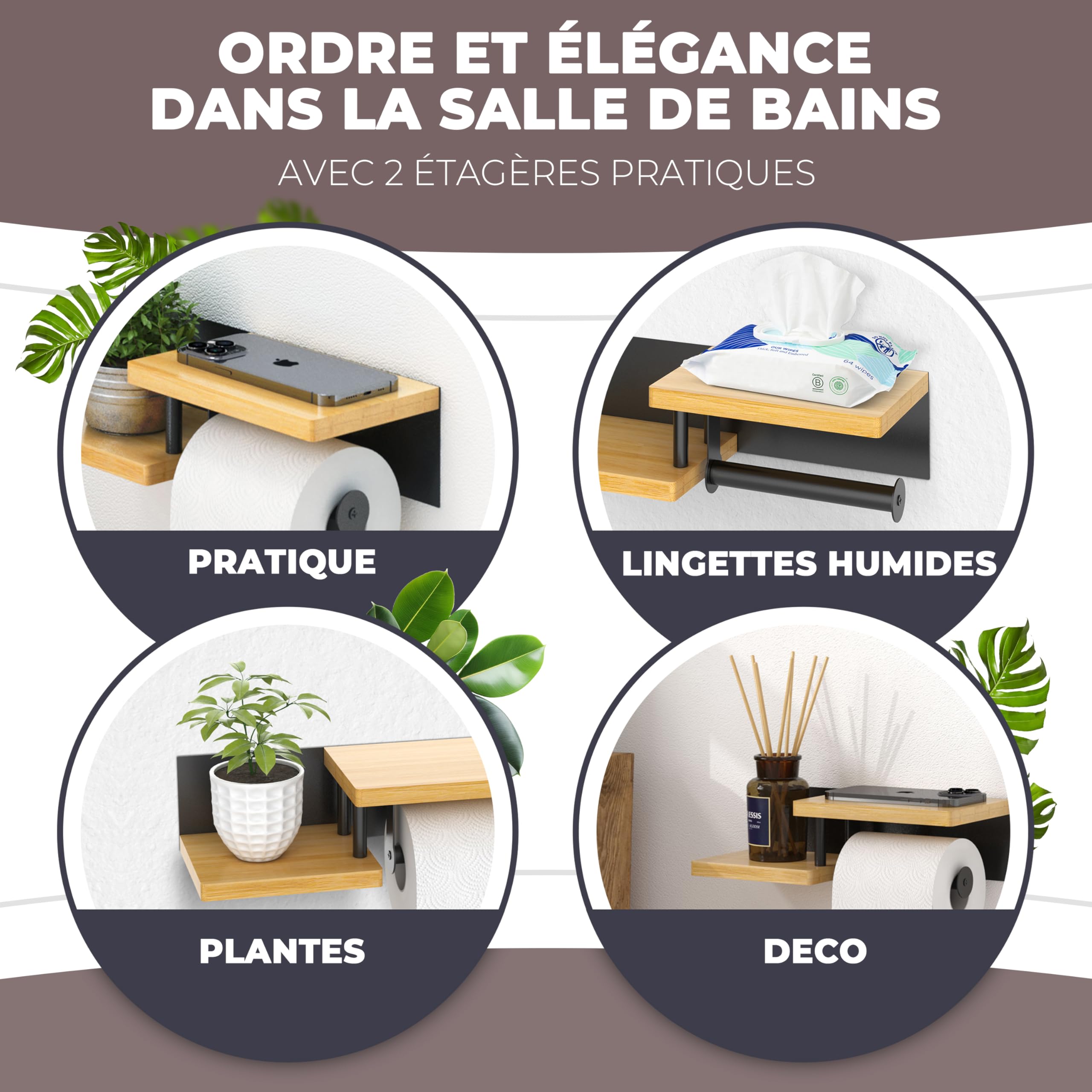 ElbFuchs® Porte Papier Toilette Mural en Bois de Bambou [sans PERCAGE] | Derouleur Papier Toilette de Haute qualité avec étagères | Noir | Porte Rouleaux de Papier Toilette