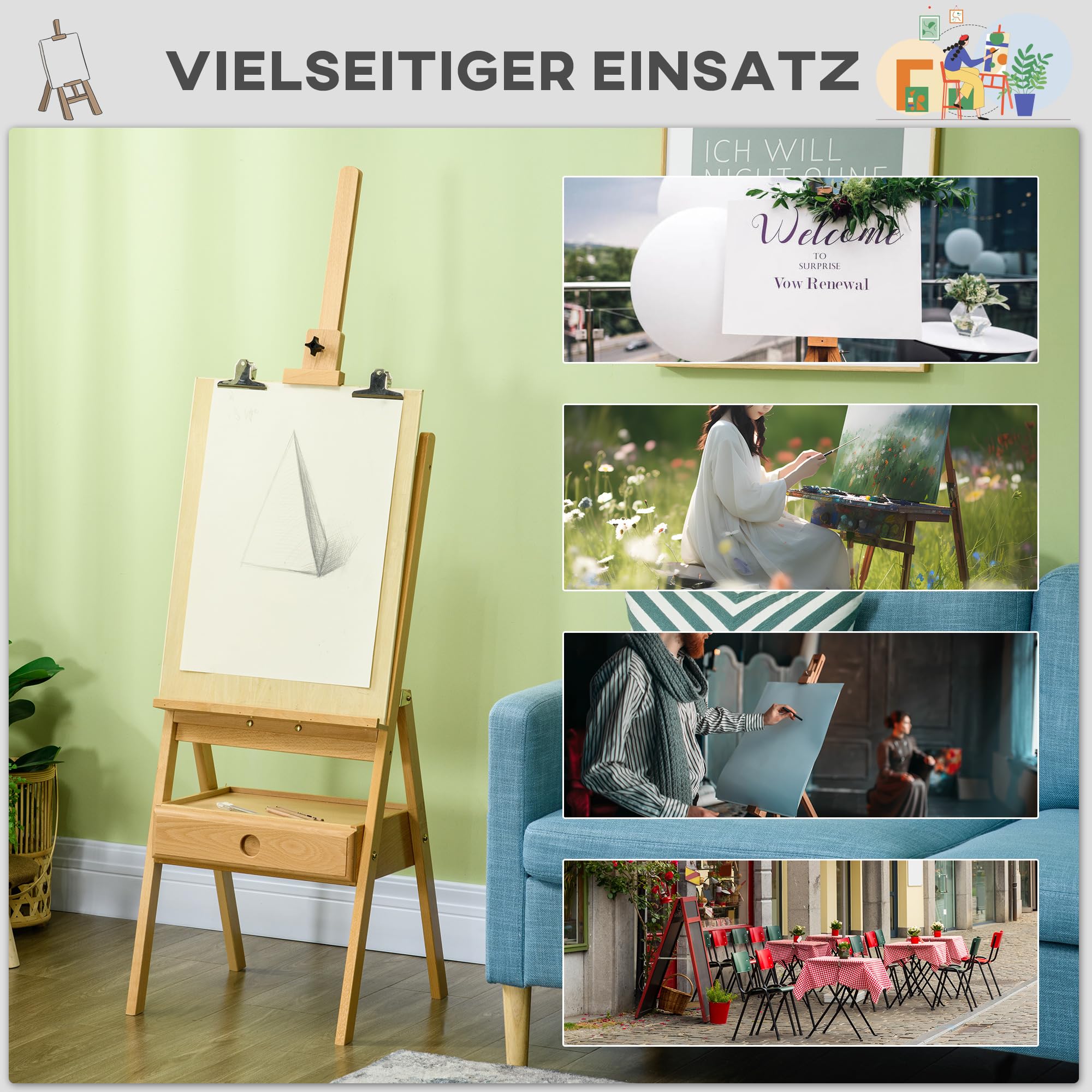 Vinsetto Staffelei Holz Groß 150-190 cm hoch für Leinwände bis 92 cm | Holzstaffelei, Leinwand Ständer, mit integriertem Malkoffer, Feldstaffelei, für Malerei, Skizze, Hochzeit, Ausstellung
