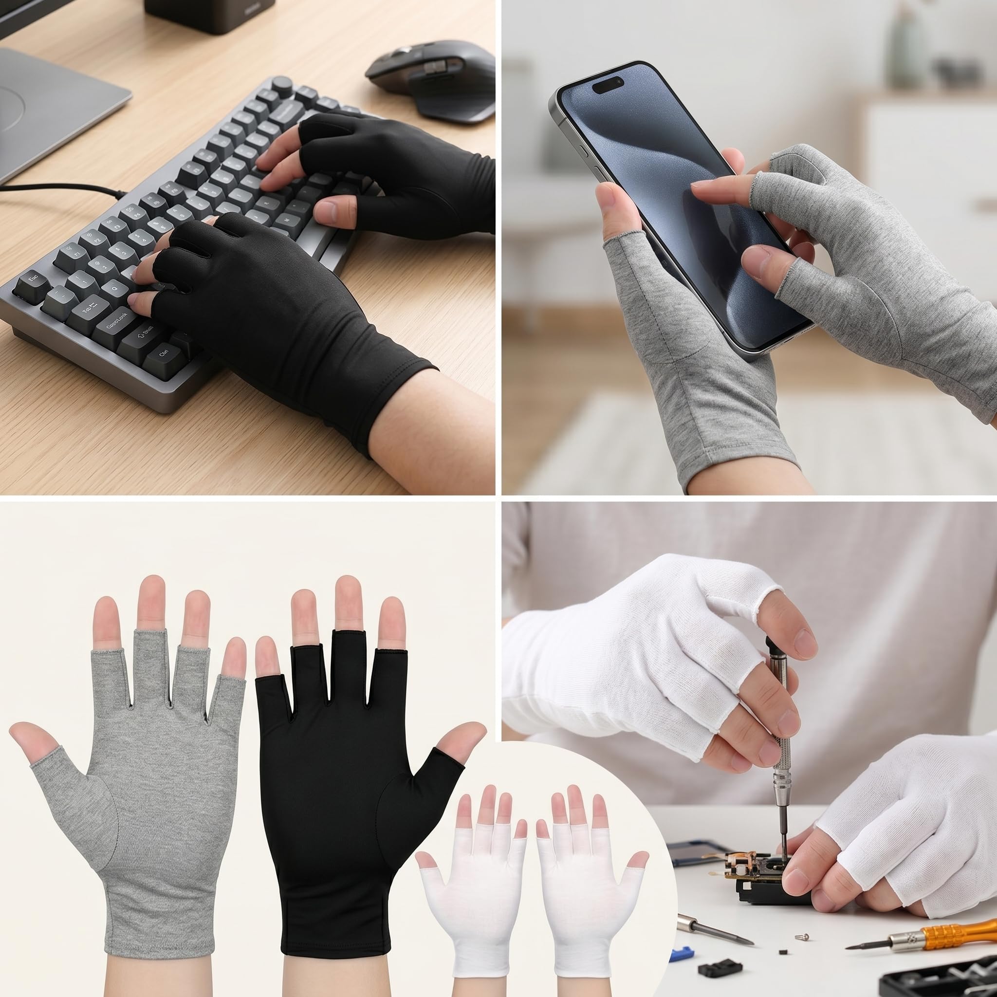 Guanti Senza Dita in Cotone 6 Paia, Nero Bianco Grigio, Guanti Idratanti da 19 x 10 cm per Cura Mani Notte, Protezione UV Unghie, Spa, Sonno e Comfort Quotidiano