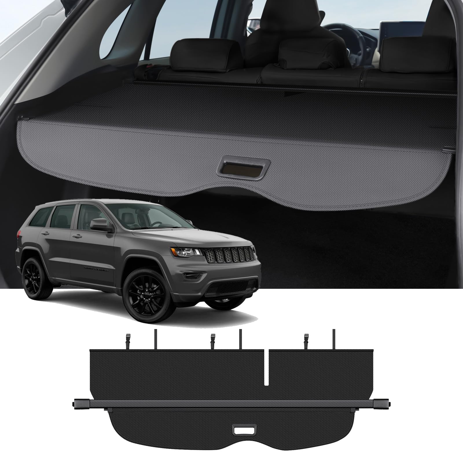 Bercicci Cargo Cover Compatible with Jeep Grand Cherokee 2011-2021 Accessories Carbon Fiber Texture Retractable Trunk Cover Security Shield Luggage Privacy (Carbon Fiber Texture)