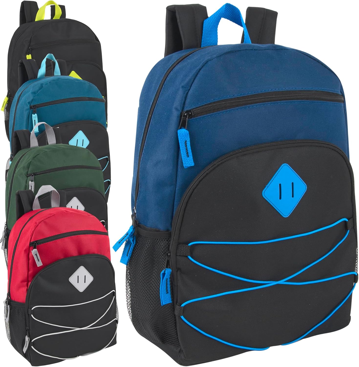 24 Pack Bulk Backpacks Wholesale for Homeless Men, Women, Donation | 17 Inch Dual Compartment Bungee Backpacks with Pockets (Dark Colors Pack)