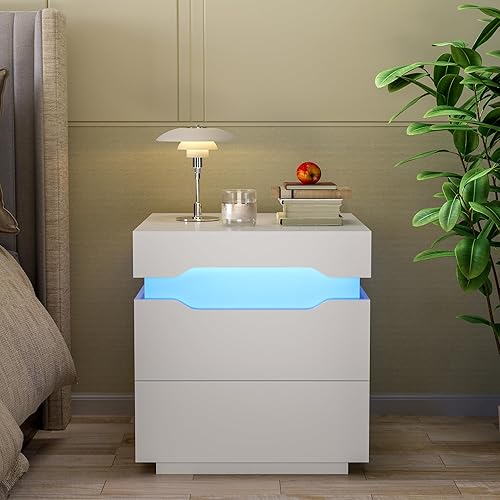 Miniatura 3 de Flamaker Mesita de noche LED con estación de carga, mesa auxiliar con armario de almacenamiento de 2 cajones, mesita de noche con parte superior
