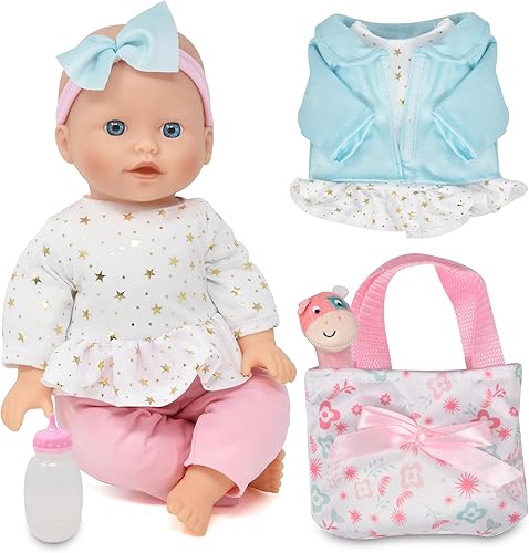 Miniatura 1 de Muñeca de bebé de cuerpo suave con juego de accesorios, muñeca de 14 pulgadas con ropa de botella, bolsa de pañales de sonajero y babero para niñas