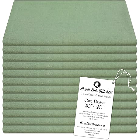 Aunti Em's Kitchen Sage Green Cotton Napkins Cloth 20 x 20 Oversized