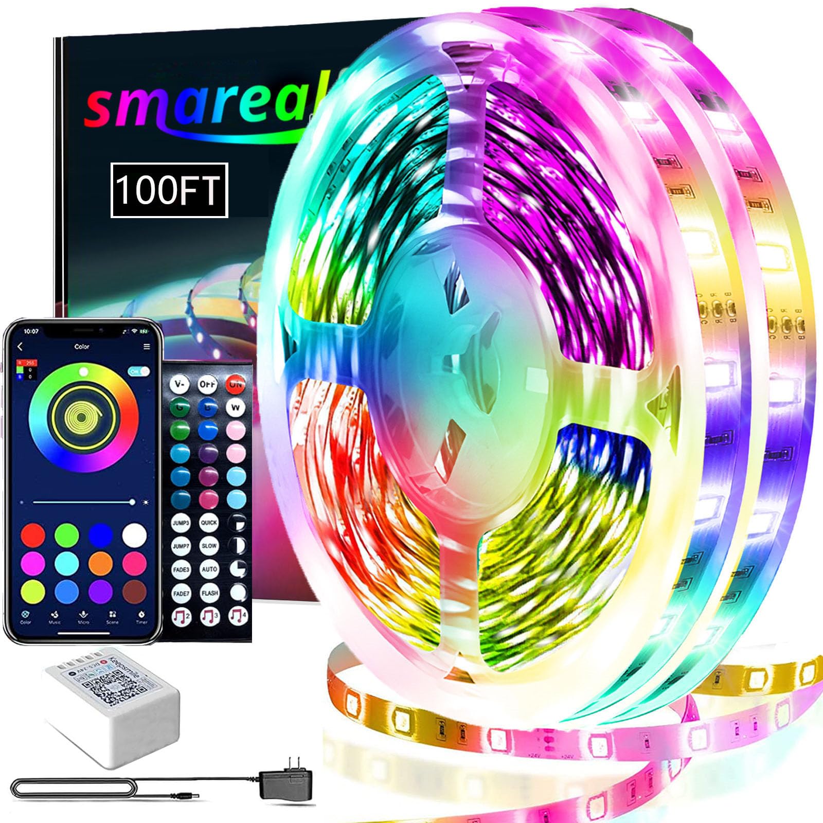 smareal Led Lights 100ft（2Rools of 50ft）, Smart APP Control Music Sync Led Strip Lights RGB Color Changing Led Lights Strips with Remote Led Lights for Bedroom Kitchen and Party