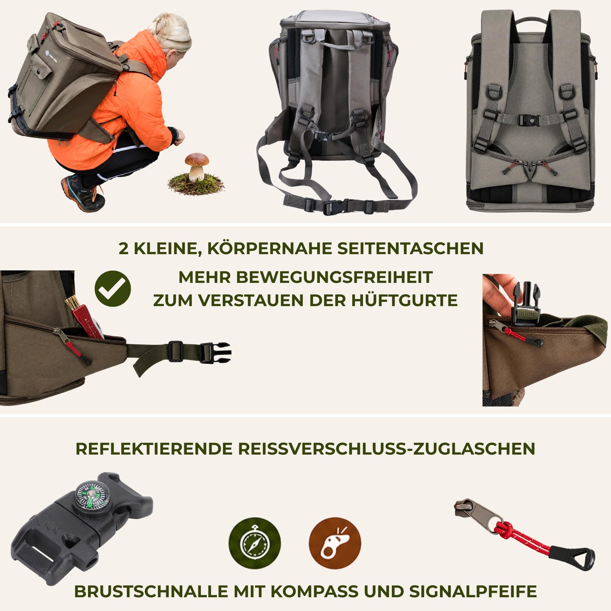Pilz Tasche [38L Volumen & Belüftetes Mesh-System] | Pilztasche mit stabiler Struktur & Tragesystem (Rucksack & Schultergurt) – Mushroom Backpack zum Pilze sammeln (Grün)