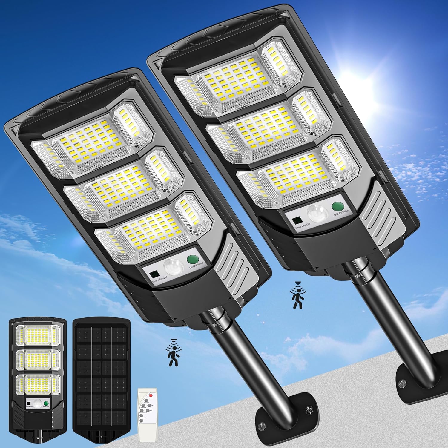 Solar Lights Outdoor Waterproof, 320° Wide Angle Solar Flood Lights Outdoor Dusk to Dawn, Solar Street Lights Outdoor Motion Sensor with Remote, Super Bright LED Solar Security Lights (Pack, 2)