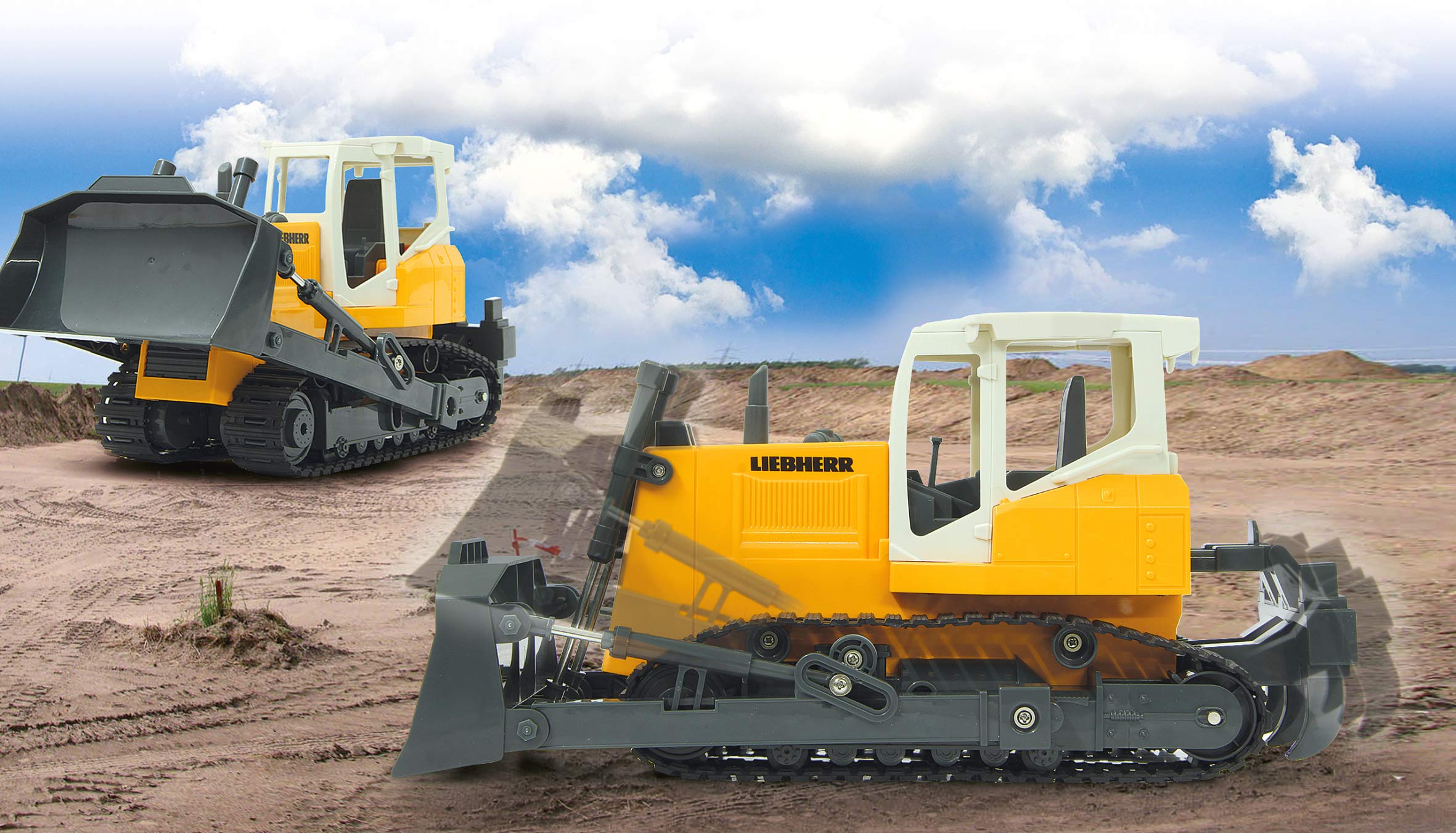 JAMARA 405057 - Planierraupe Liebherr 1:20 2,4GHz - programmierbare Funktionen, Realistischer Motorsound (abschaltbar), Schaufel Heben/senken/abkippen, Vertikutierer hoch/runter (manuell) Gelb