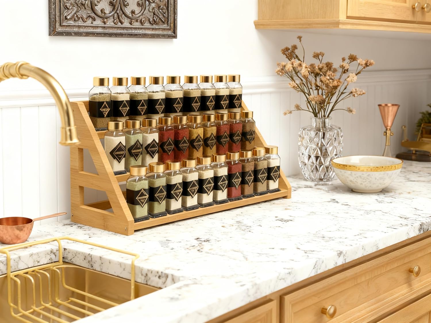 3 Tier Bamboo Spice Rack Organizer for Cabinet - Seasoning Rack Fits 24 Spice Jars, 17.5” Wide Countertop & Cabinet Organizer for Kitchen Organization