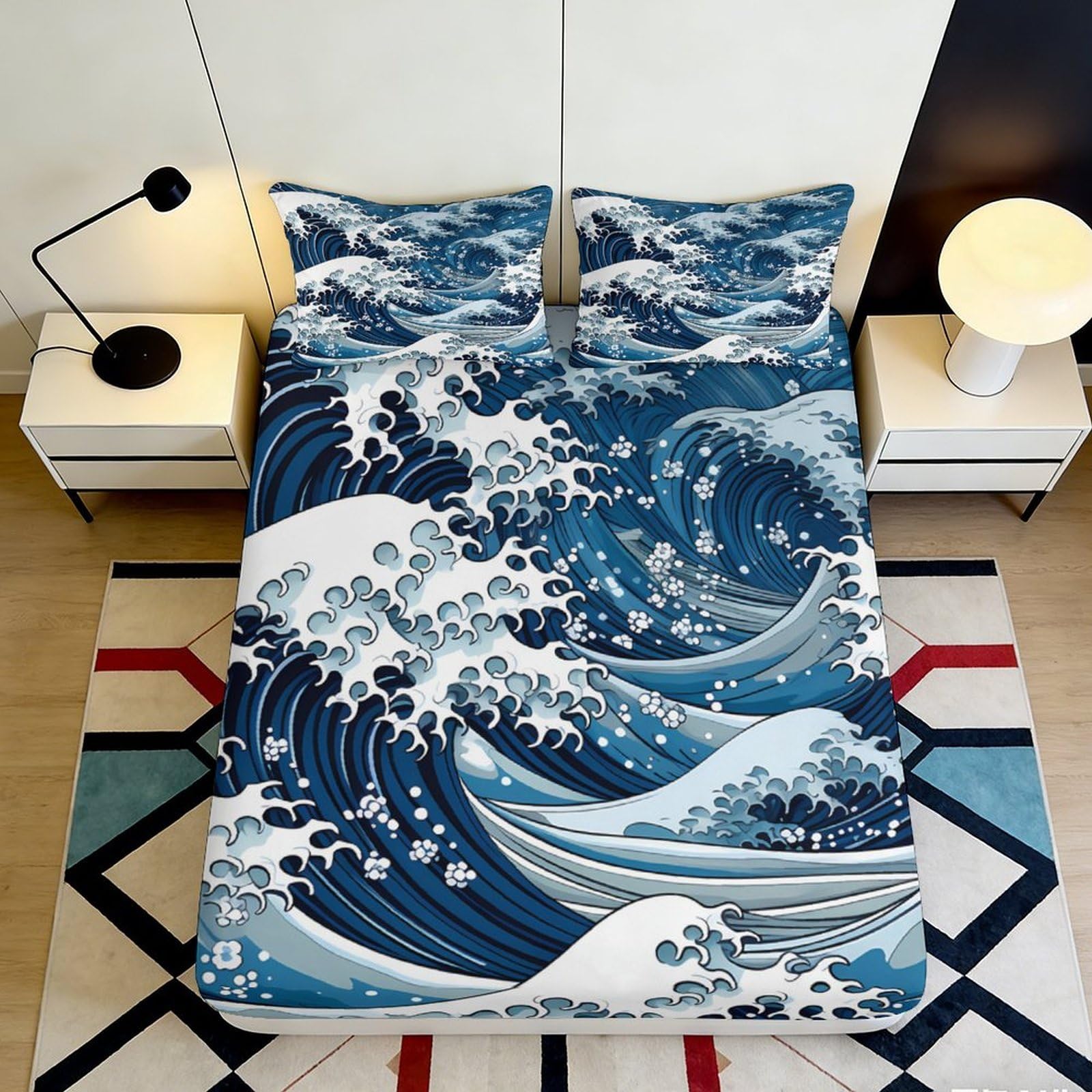 3D Printed Ocean Wave Fitted Sheet Microfiber Soft Breathable Sea Pattern Bed Cover for Bedroom Dormitory Guest Room Mattress Protection Decor 160x200x25cm