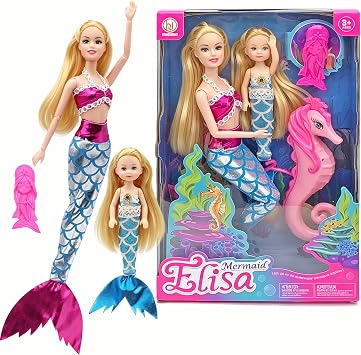 Mermaid Dolls with Little Mermaid & Seahorse| Summer Mermaid Swimming Pool Diving Toys for Water Play | Mermaid Bath Toy Playset for Girls 4-7 | Birthday Party Christmas Wish List