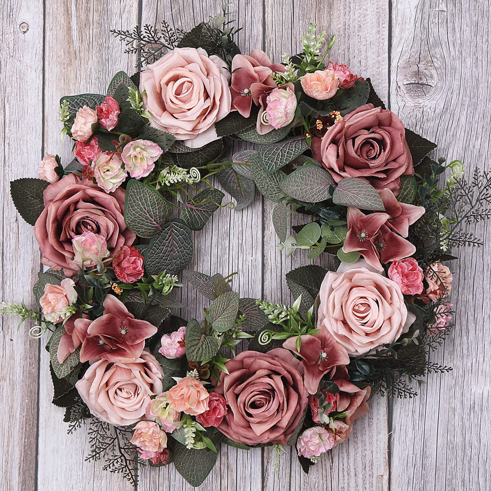 Plcnn Bean Paste Powder 45Cm Artificial Rose Wreath, Spring Summer Floral Wreaths Eucalyptus Wreath For Front Door Home Garden Window Decor