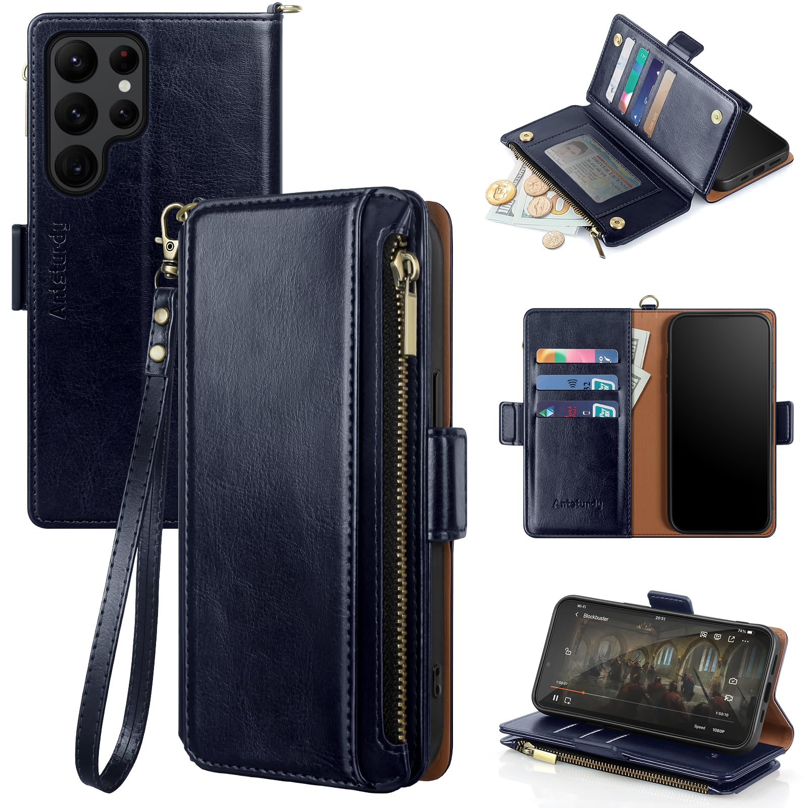 Antsturdy Samsung Galaxy S22 Ultra Wallet with Card Holder for Women Men,Galaxy S22 Ultra 5G Phone case RFID Blocking PU Leather Flip Shockproof Cover