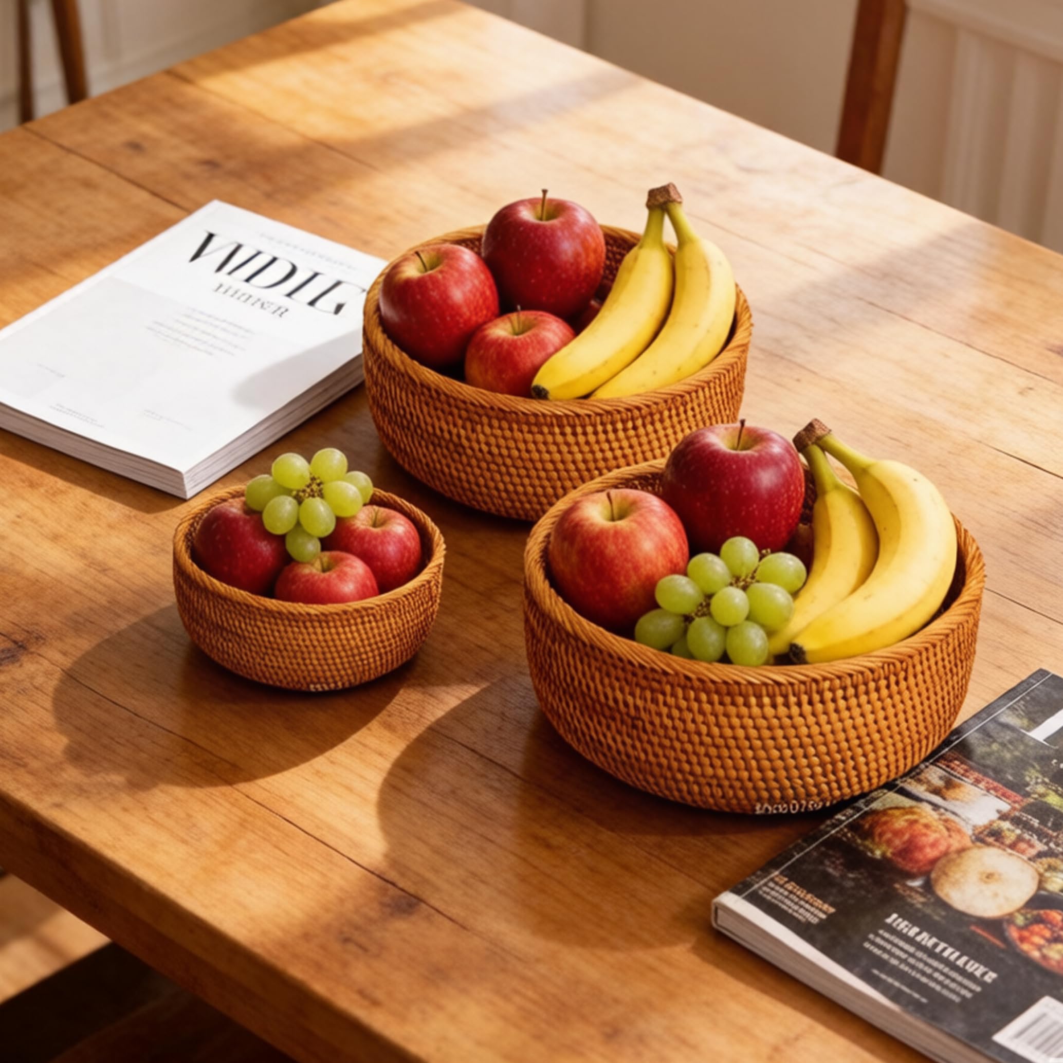 3 cestas de mimbre redondas tejidas a mano, cestas de mimbre para servir, cesta de frutas rústica, organización del hogar, de almacenamiento para mostrador, despensa, decoración de mesa