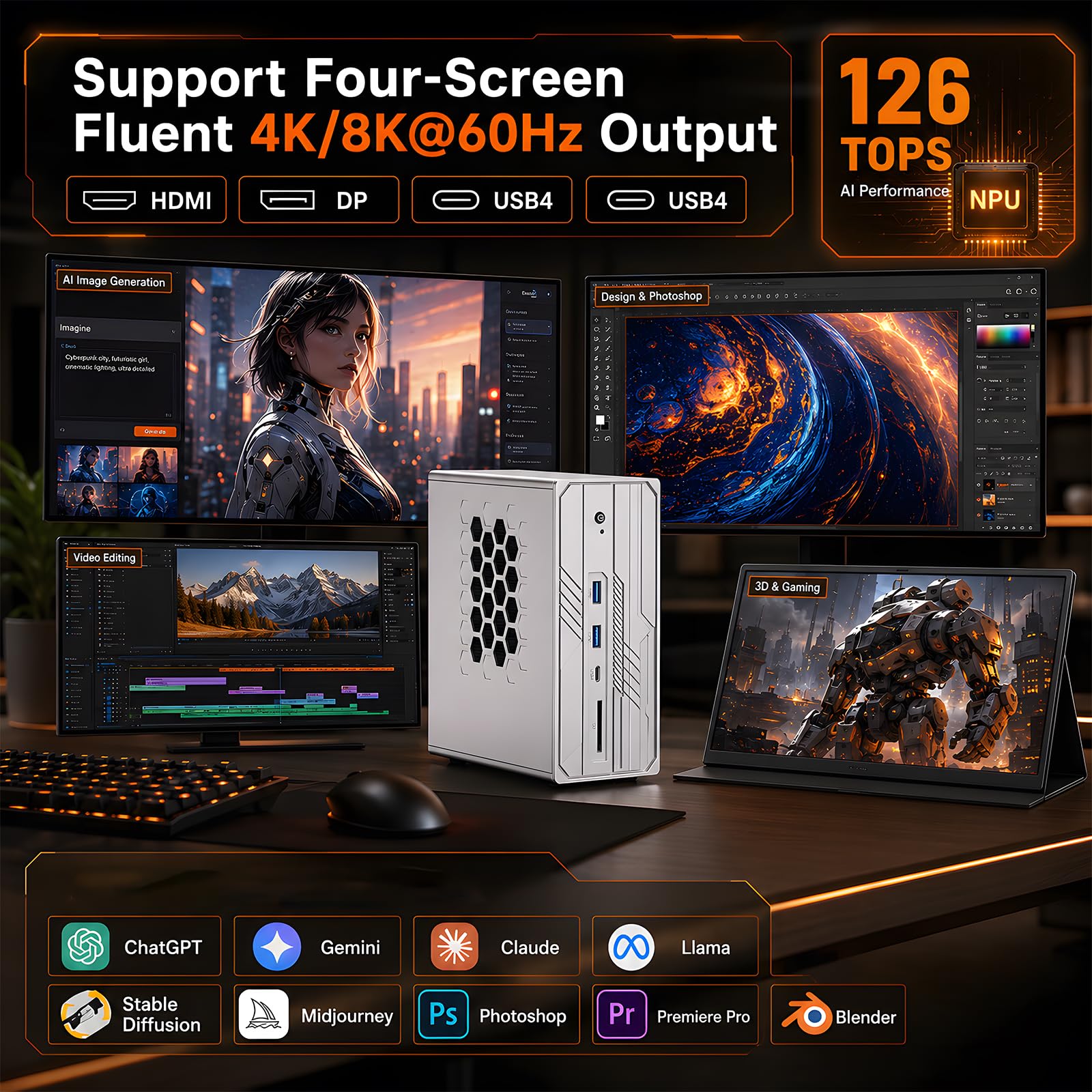 Mini PC Server AI, Ryzen AI MAX+ 395 (126 TOPS, 16C/32T), Barebone, GPU Radeon 8060S, 128G di Memoria Unificata LPDDR5x-8400, LAN 10G+2,5G, Quattro Schermi, 4 slots M.2 PCIe 4.0, Wi-Fi 7