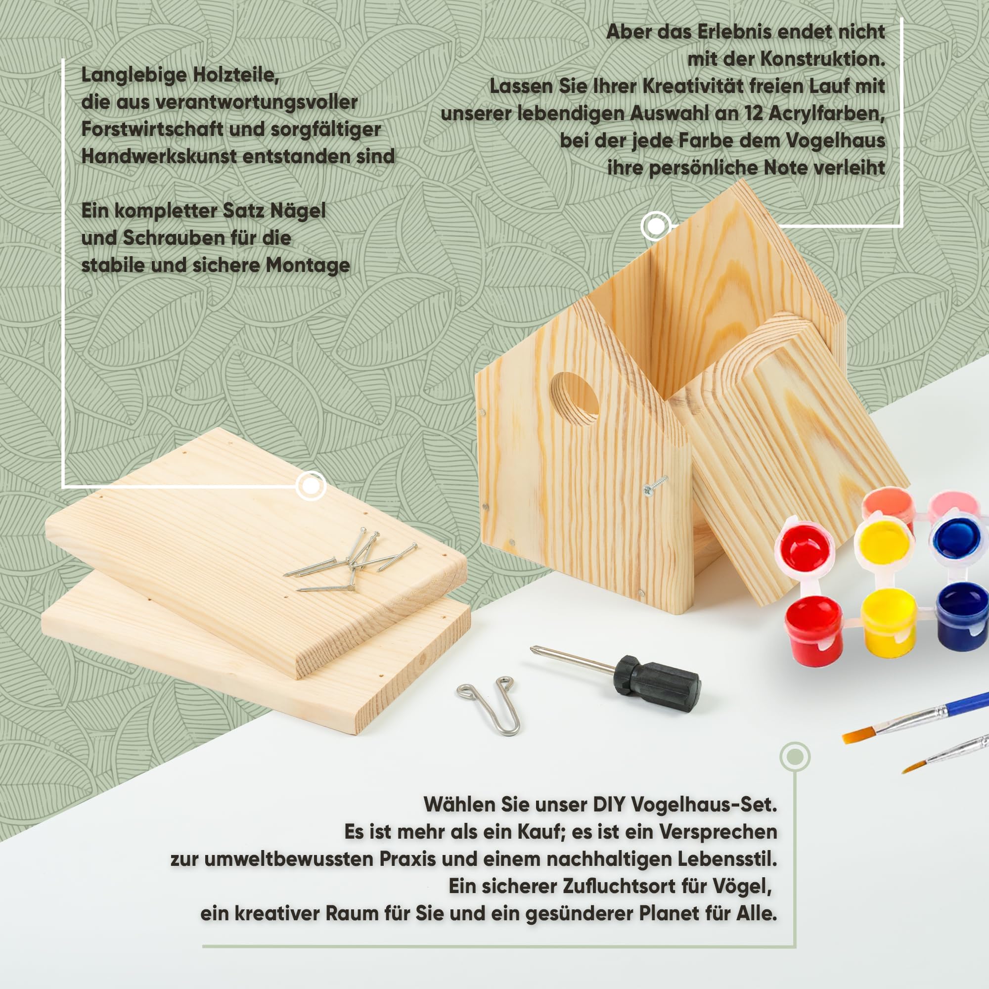 Mice&Co Vogelhaus aus Holz zum Bemalen | DIY Bastelset Nistkasten Garten | Mit 12 Farben und 2 Pinseln | Bauen, Bemalen und Gestalten als Familie