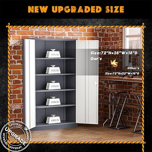 Miniatura 3 de Greenvelly Armario de almacenamiento de metal para garaje, armario de acero con bloqueo con 2 puertas y 4 estantes ajustables, gabinetes de