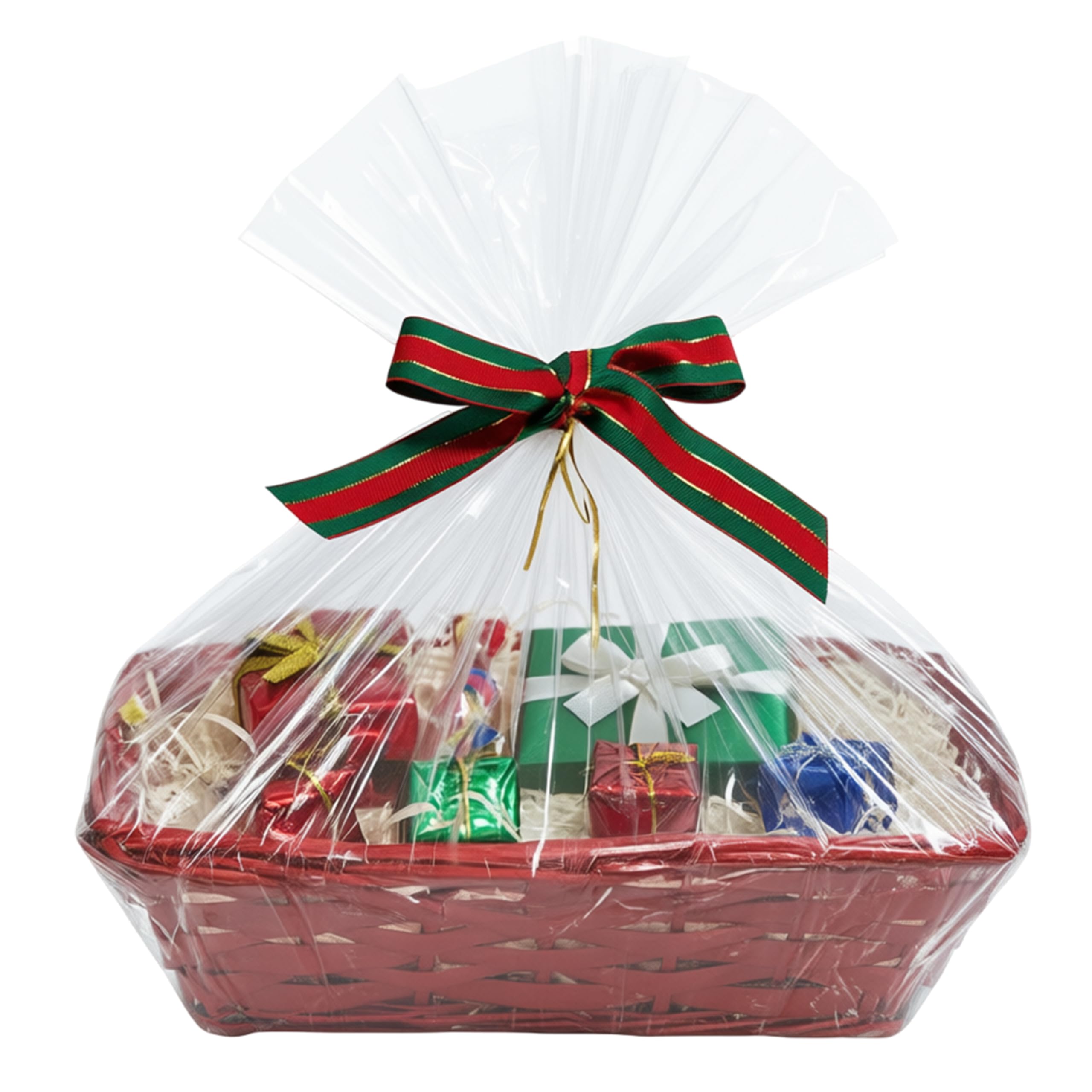 H-Line Christmas Hamper Basket Rectangle Wicker Gift Basket with Cellophane Wood Shred Bow Set Wicker Gifts Hamper Red Split Willow Baskets Decorative Empty Gift Basket for Christmas (Red, Square)