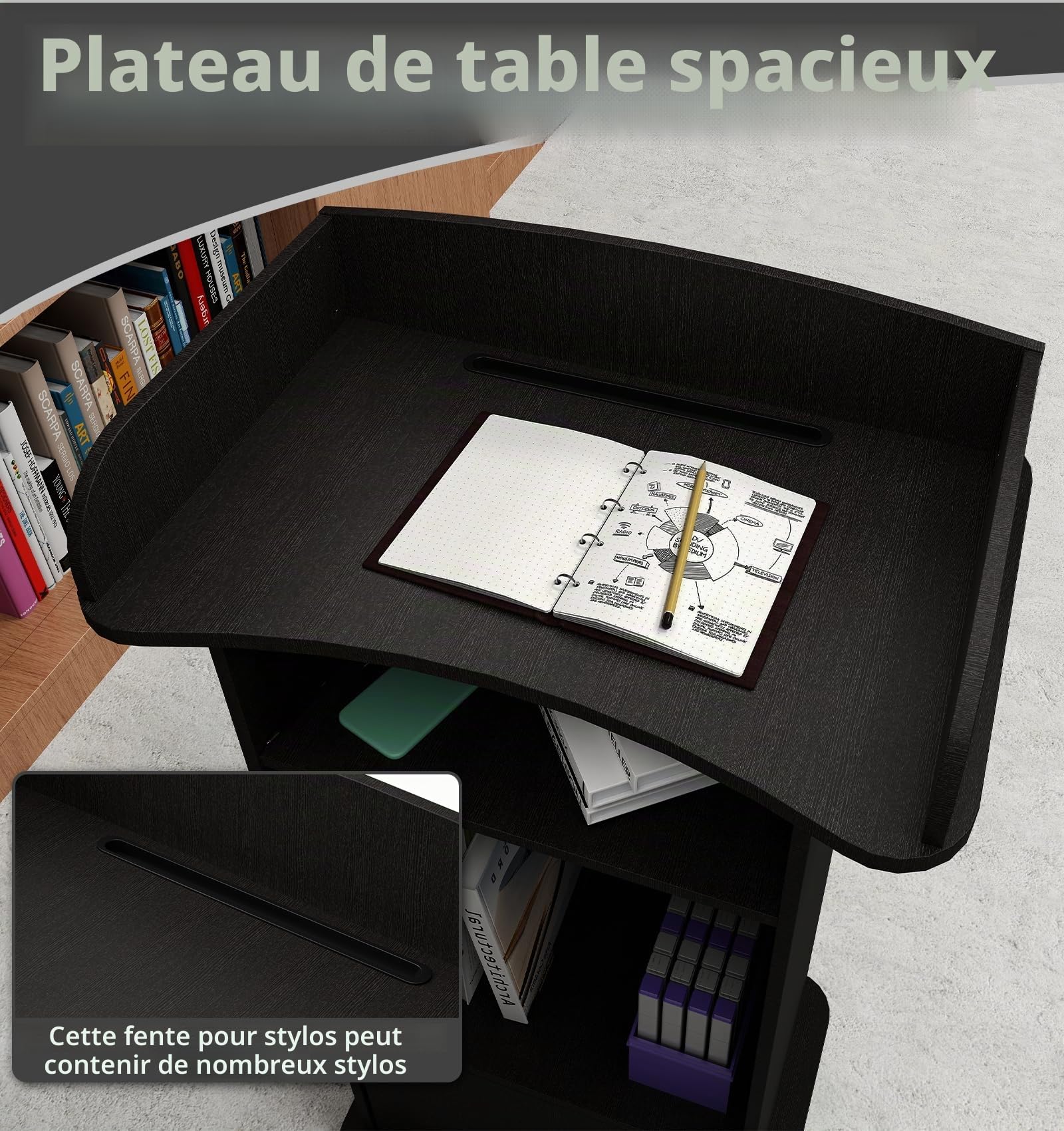 Lutrin / pupitre debout avec tiroir à deux couches et roue de freinage pour salle de classe, amphithéâtre, église, séminaire Noir